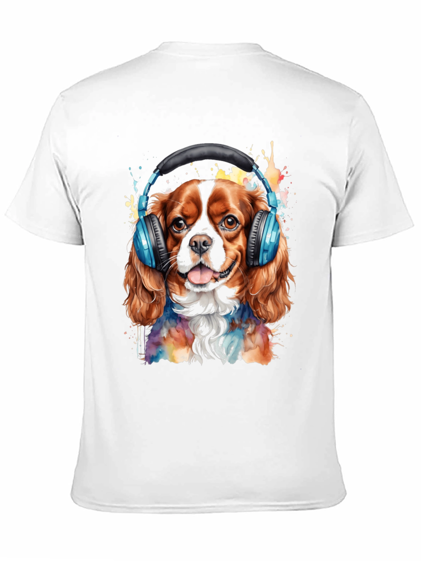 Black Dog with Headphones T-Shirt - Colorful Watercolor Design view 11