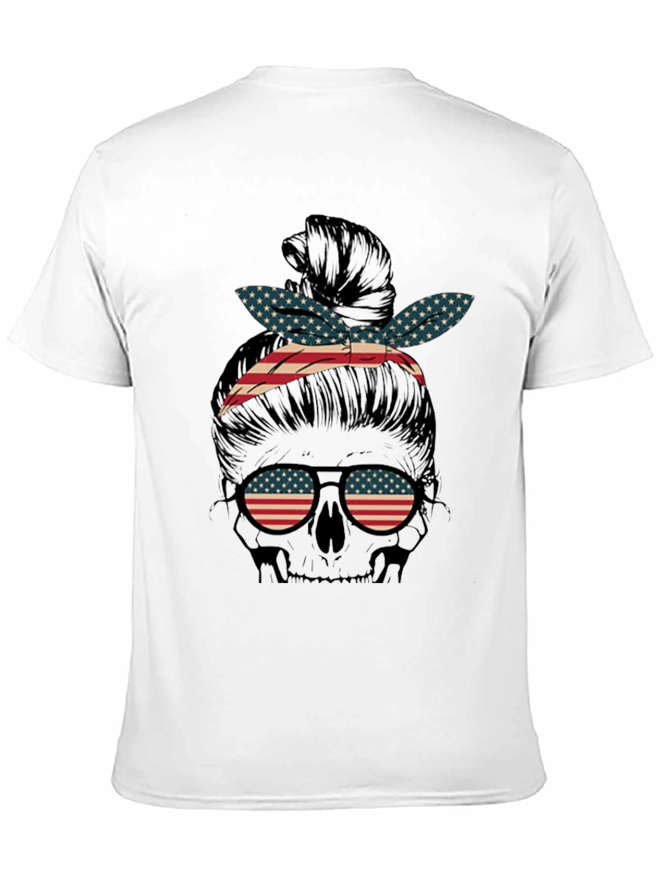 Black American Flag Skull Messy Bun Graphic Tee view 11