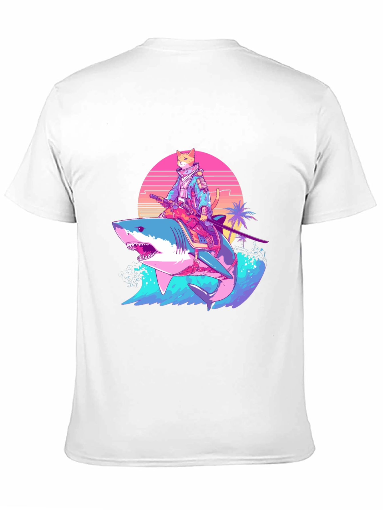 Black Cat Samurai Riding Shark T-Shirt view 11