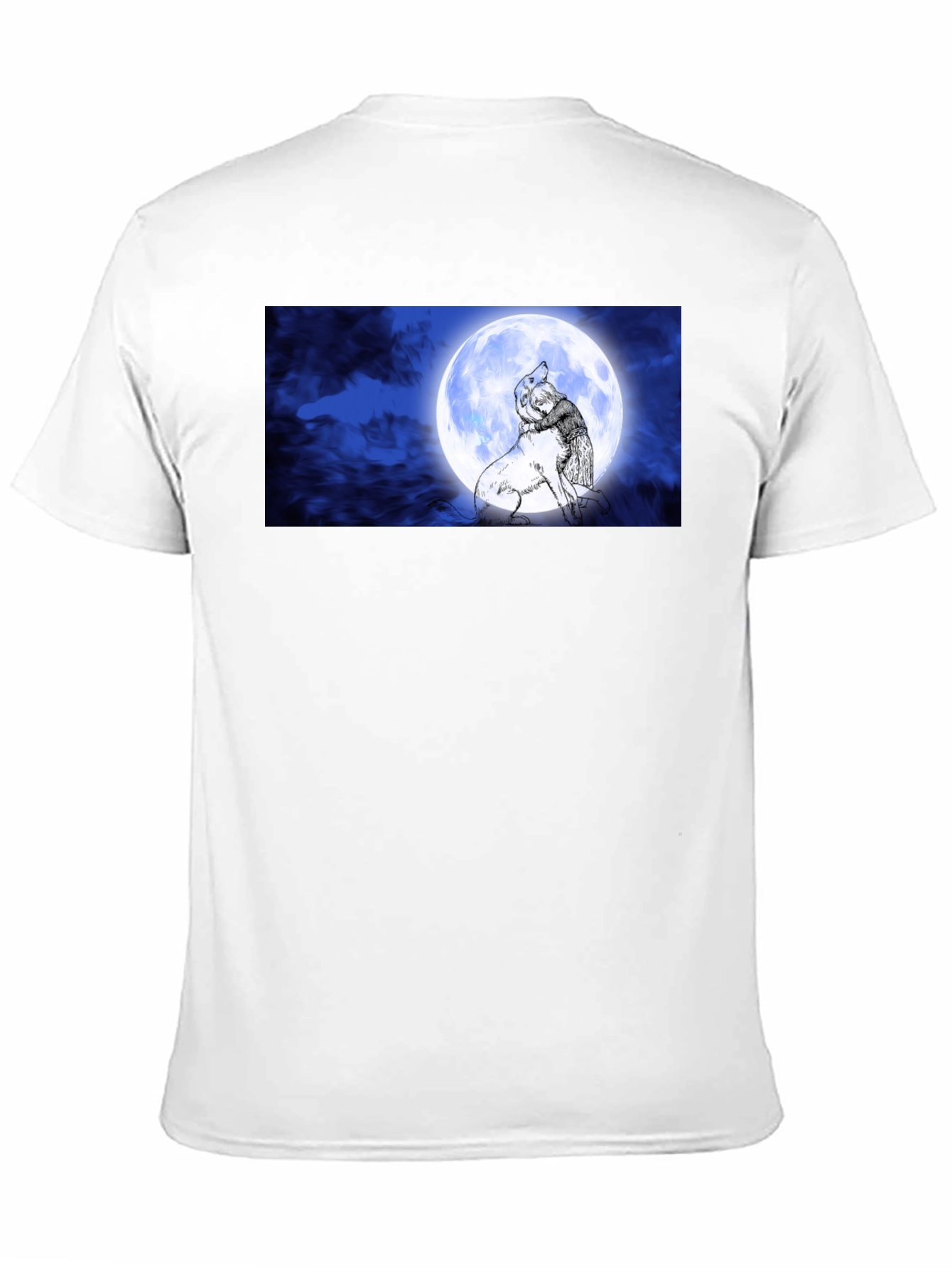 Black Moonlit Embrace T-Shirt: Man & Wolf Design view 11