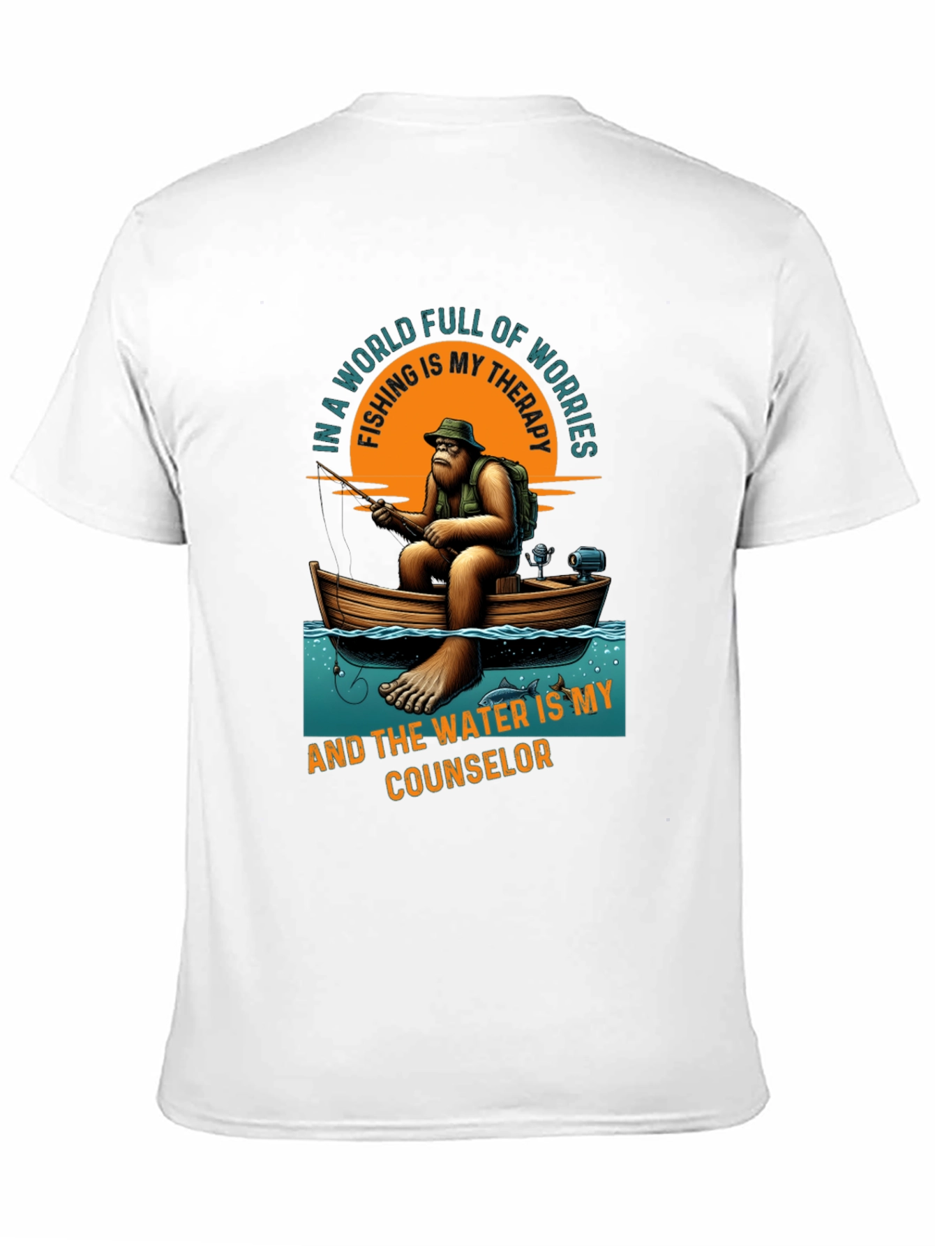 Black Fishing Therapy T-Shirt: Bigfoot Design view 11