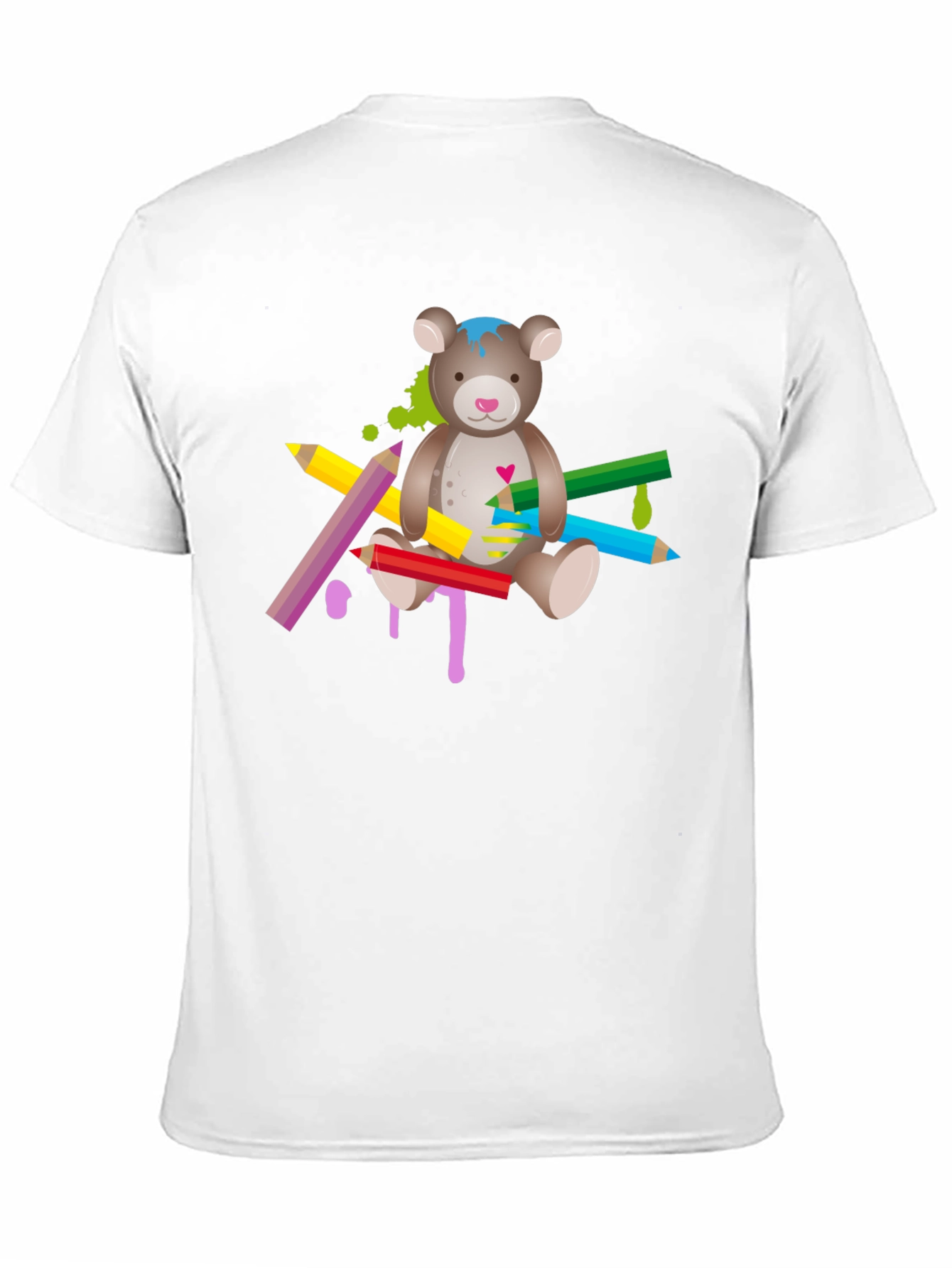 Black Cute Teddy Bear & Colorful Pencils Graphic T-Shirt - Unisex view 11