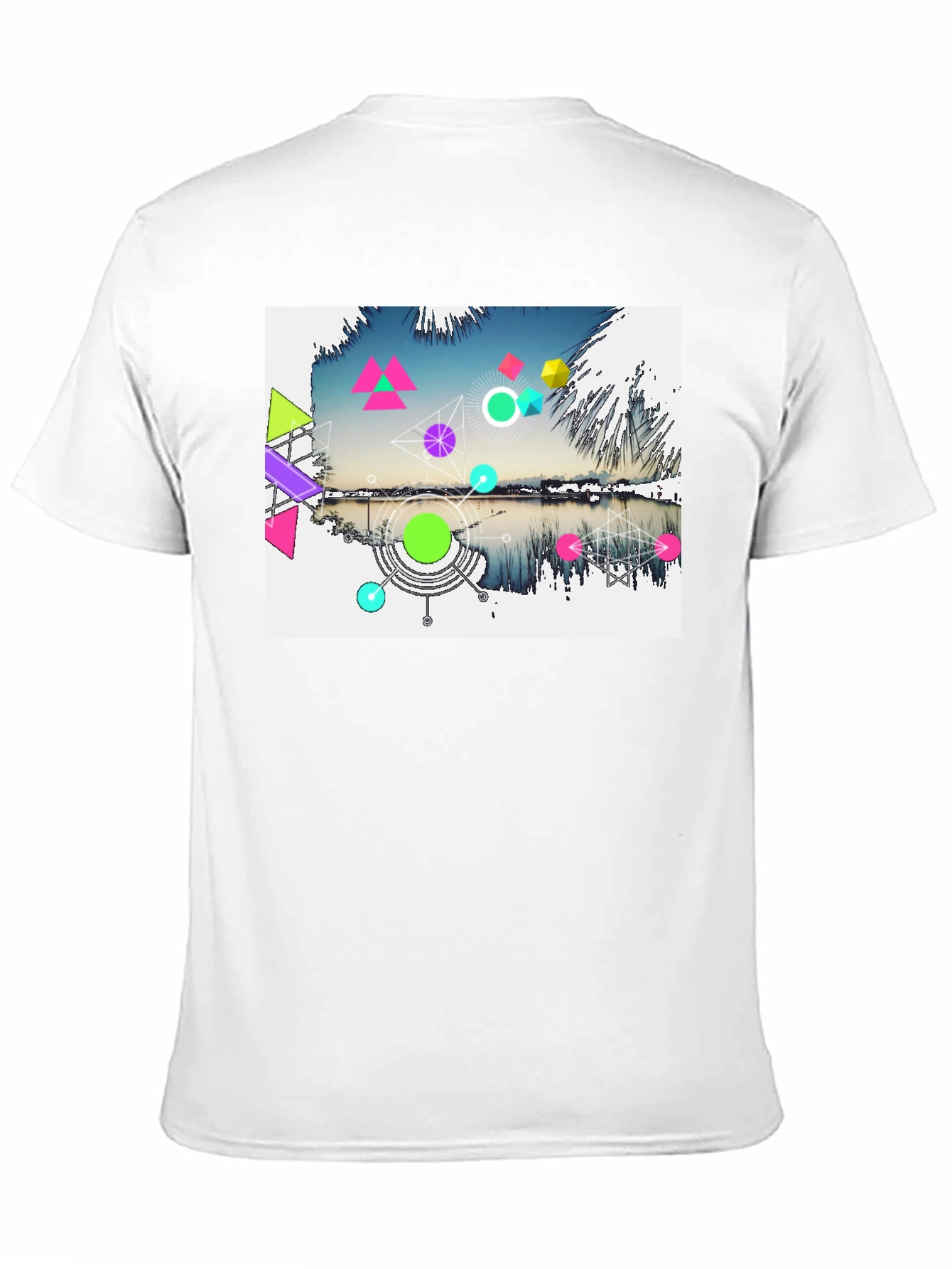 Black Geometric Lake Design Men's Black T-Shirt view 11