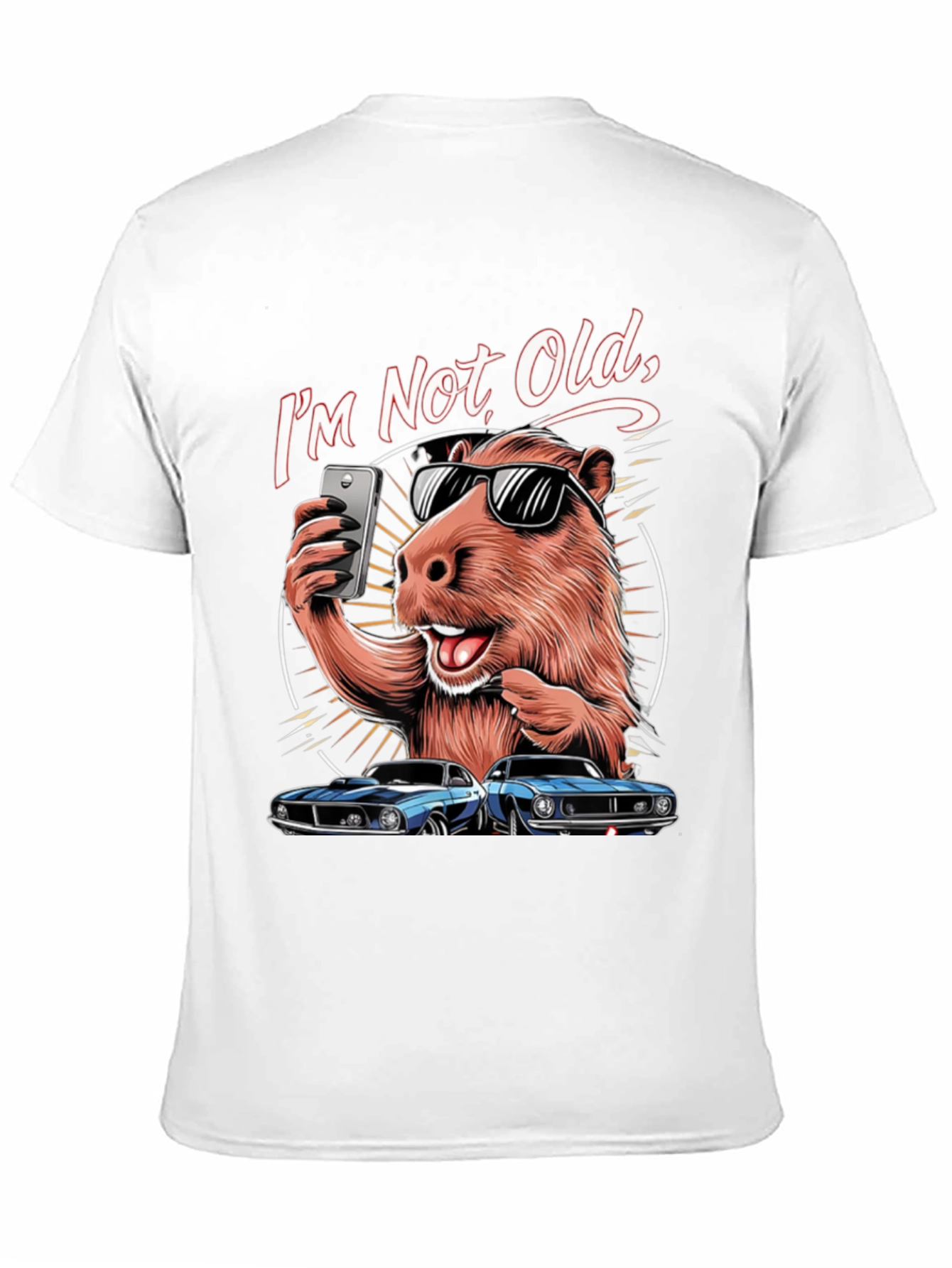 Black I'm Not Old T-Shirt: Capybara Selfie & Classic Car Design view 11