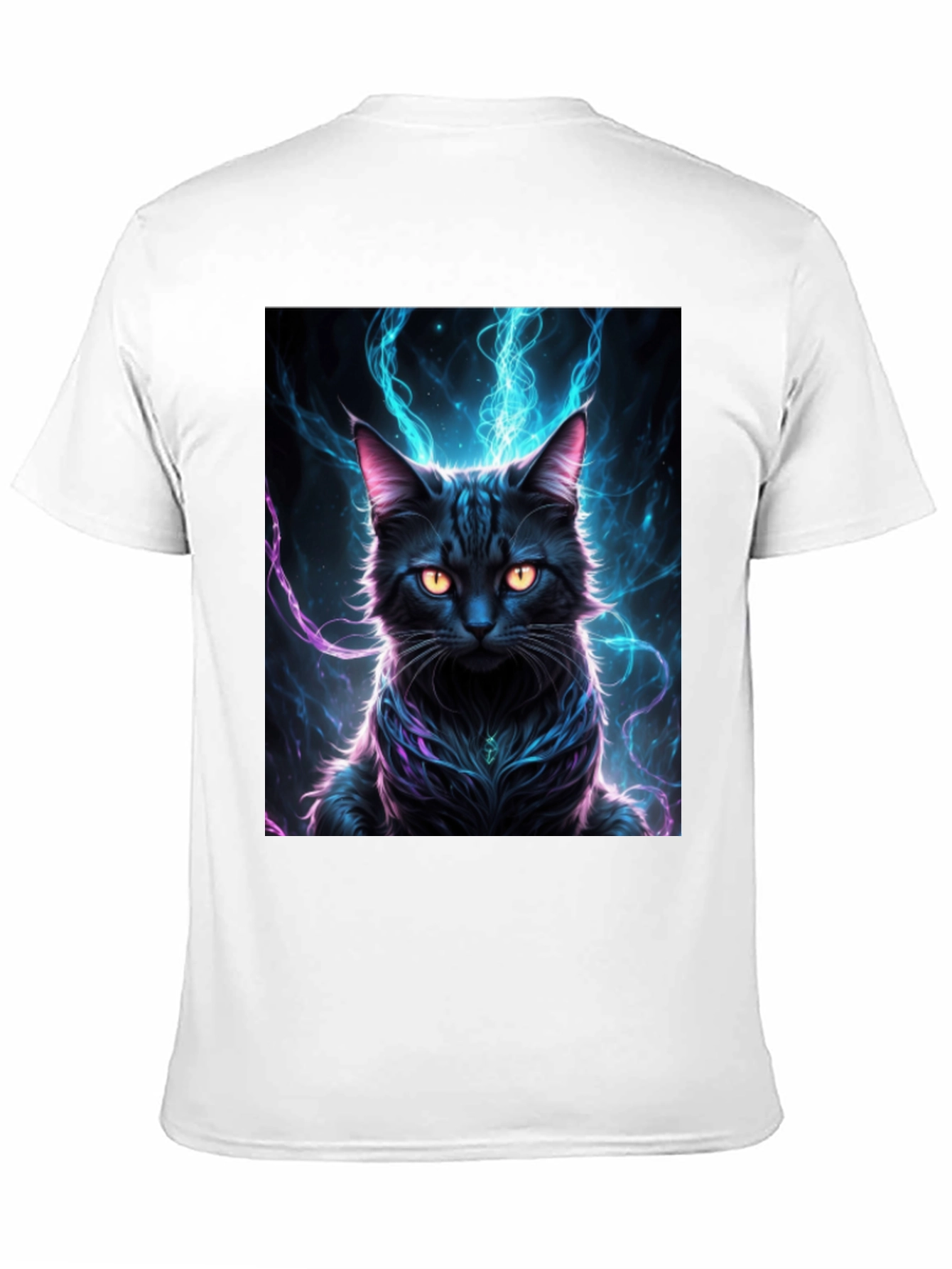 Mystic Feline T-Shirt: Black Cat with Electric Aura Design - 11