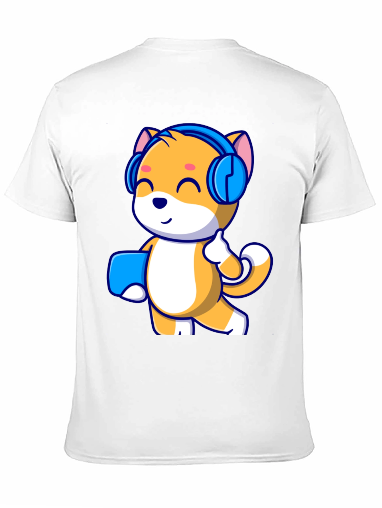 Black Cute Cartoon Cat with Headphones Black T-Shirt view 11