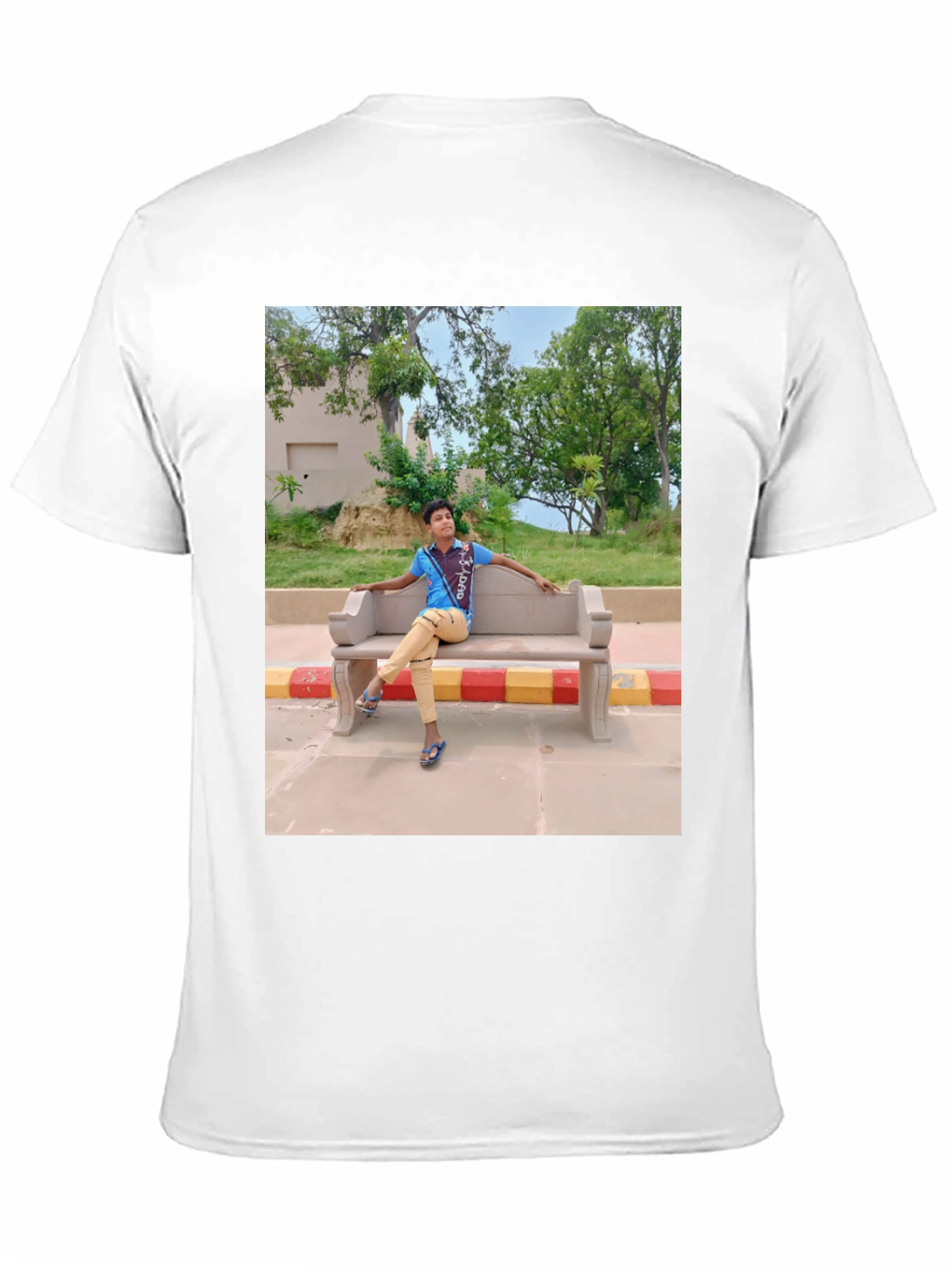 Black Black T-Shirt with Picture of Boy on Bench view 11