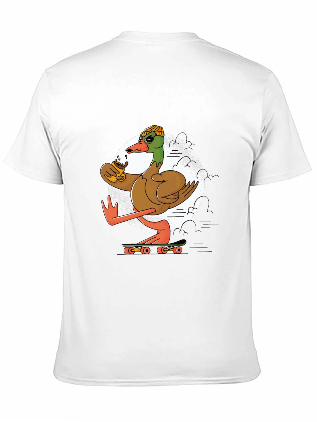 Black Skateboarding Duck T-Shirt: Cool Coffee Drinking Bird view 11