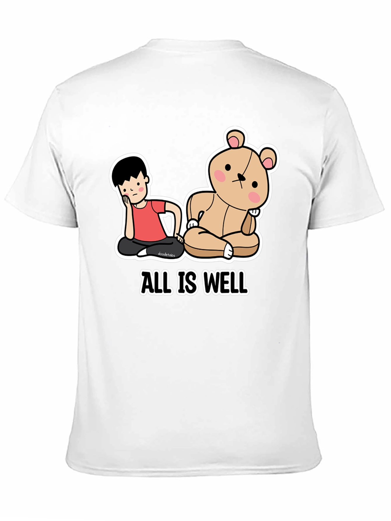 Black All Is Well T-Shirt: Cartoon Boy & Bear Meditating Graphic Tee view 11