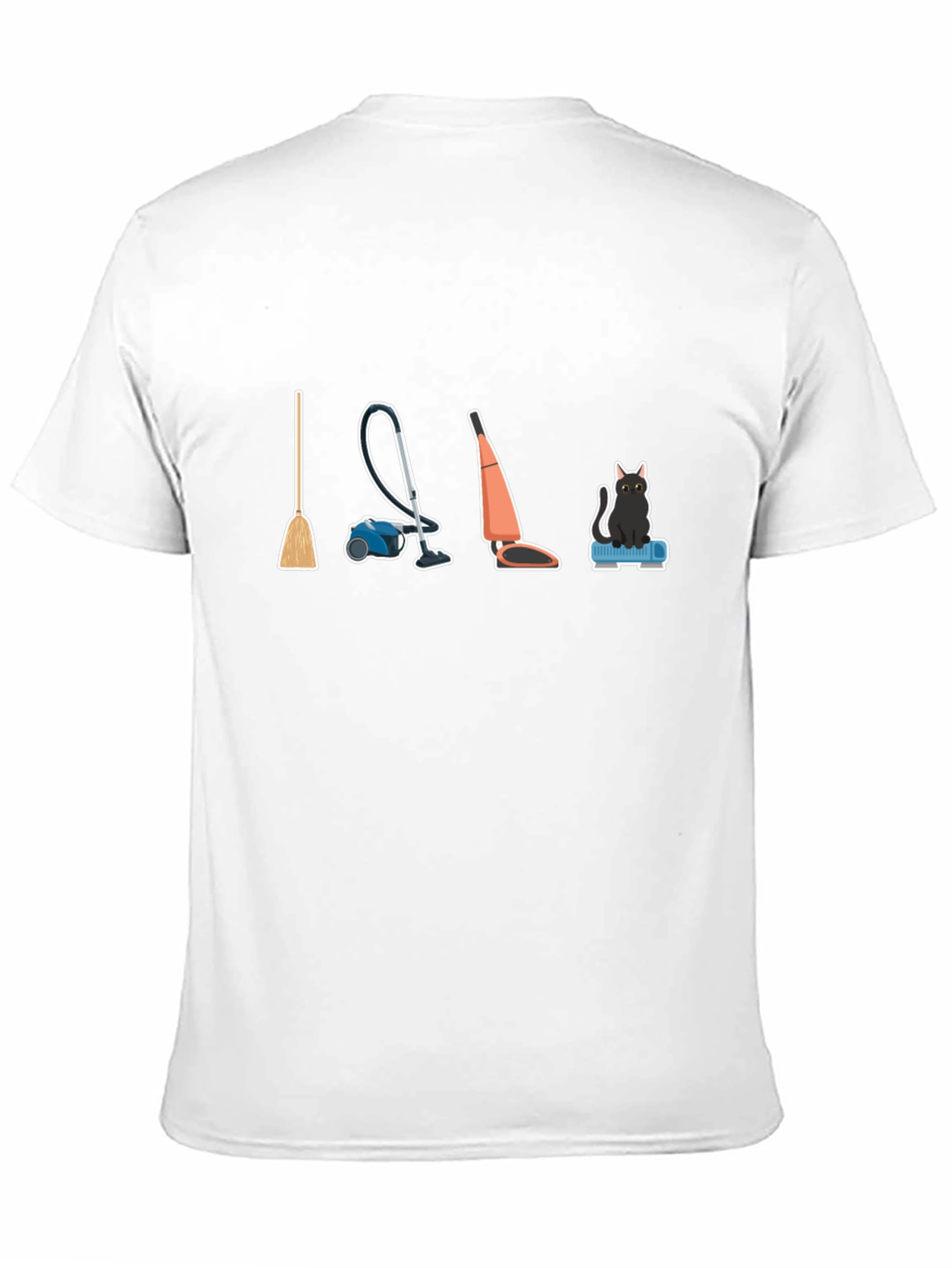 Black Cleaning Crew T-Shirt: Broom, Vacuum, and Cat view 11
