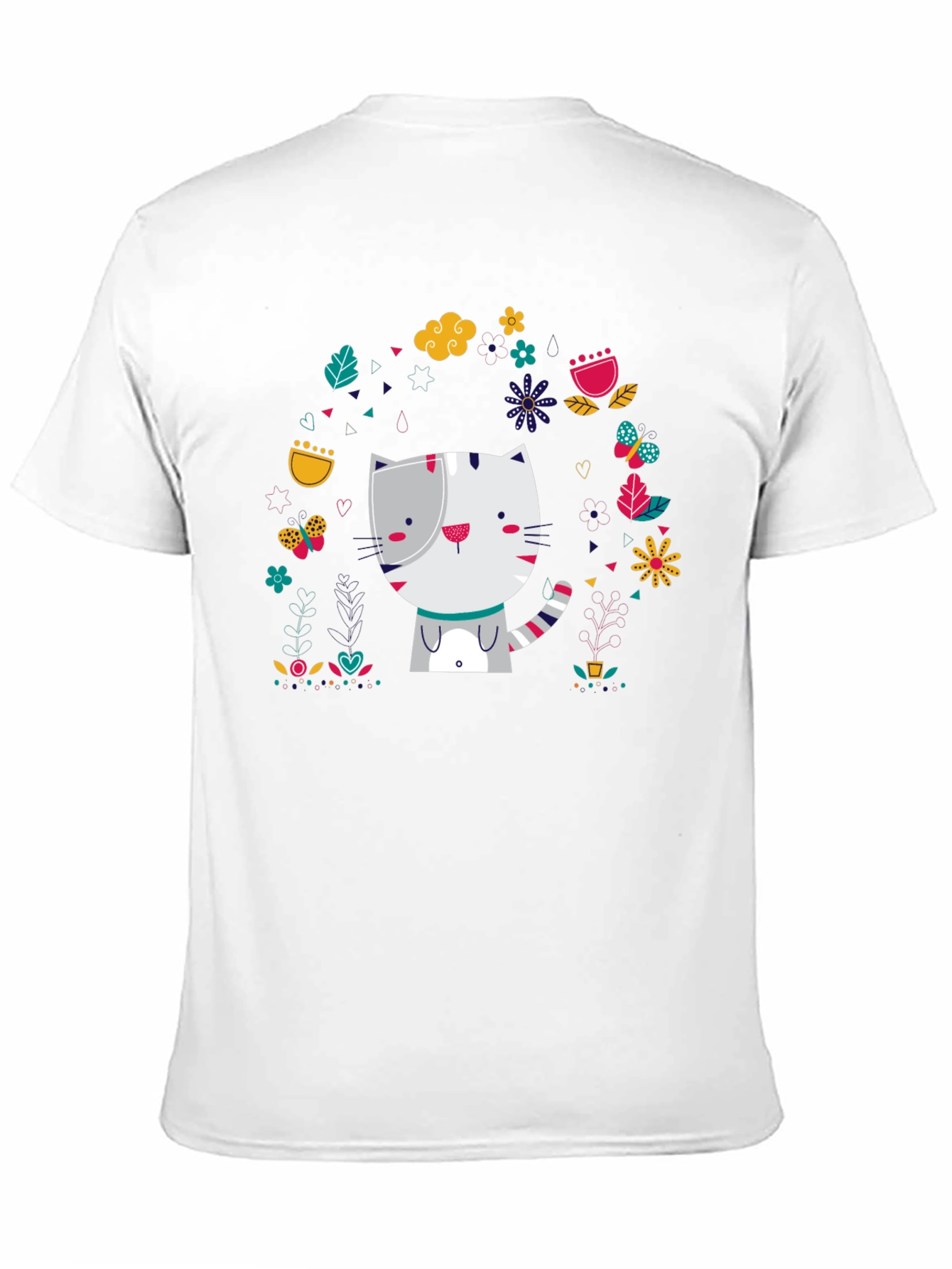 Black Cute Cat Floral Design Black T-Shirt view 11