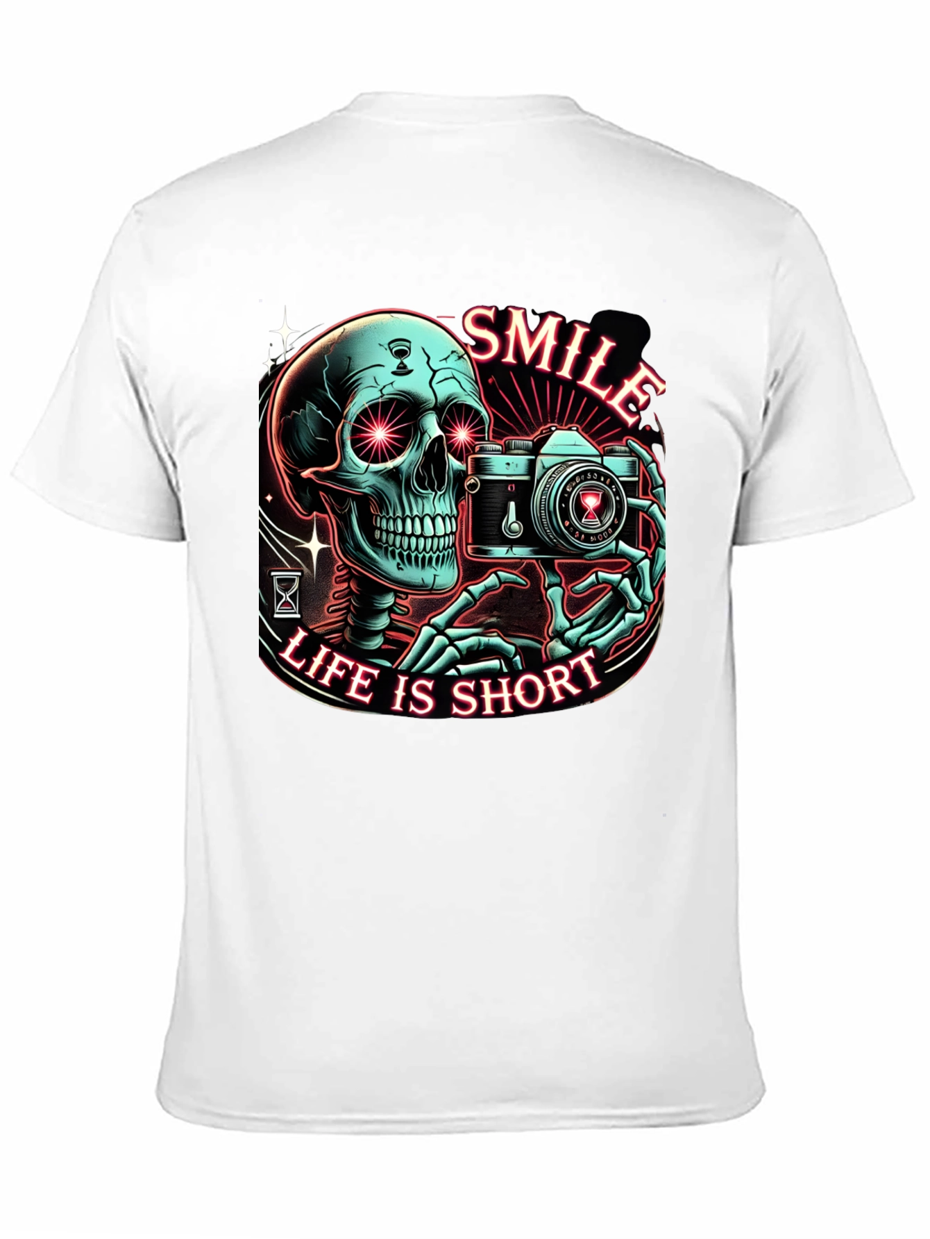 Black Smile Life is Short Graphic Tee - Camera Skeleton T-Shirt view 11