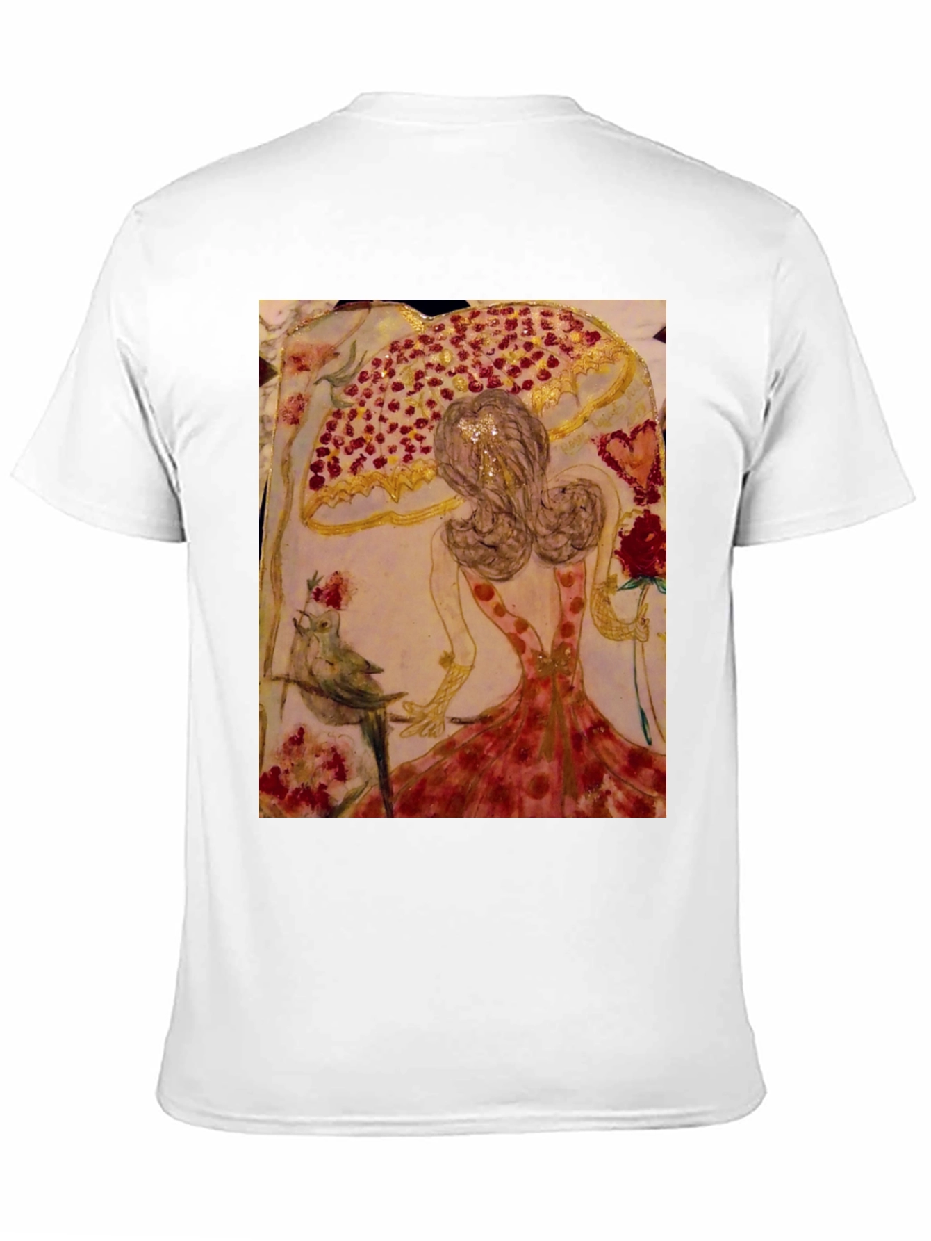 Black Whimsical Art T-Shirt: Bird, Roses, & Dancer view 11