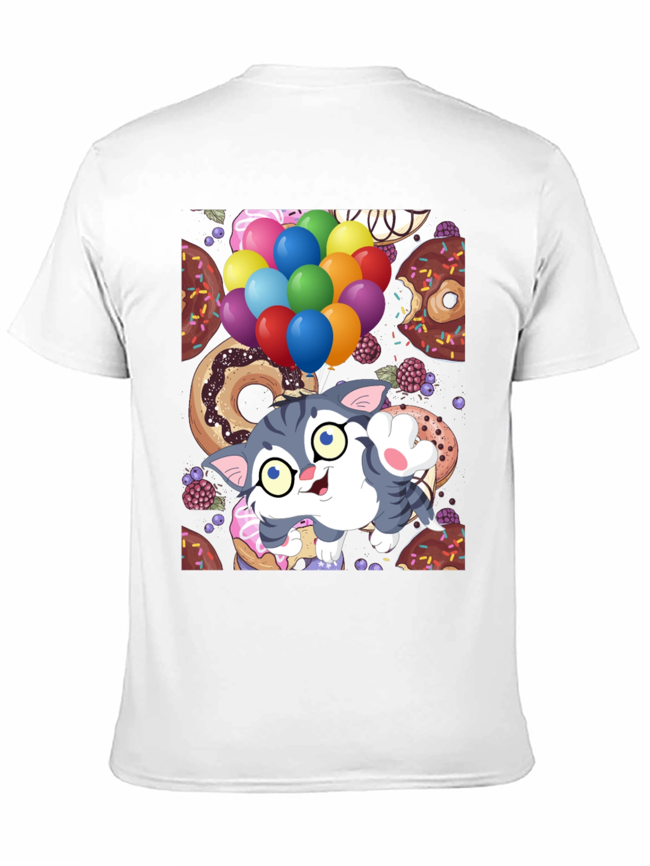 Black Cute Cartoon Cat with Balloons and Donuts T-Shirt view 11