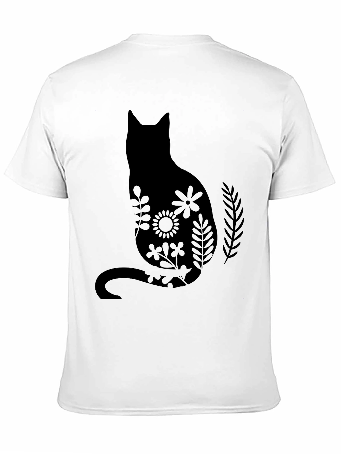 Black Floral Cat Silhouette Black T-Shirt view 11