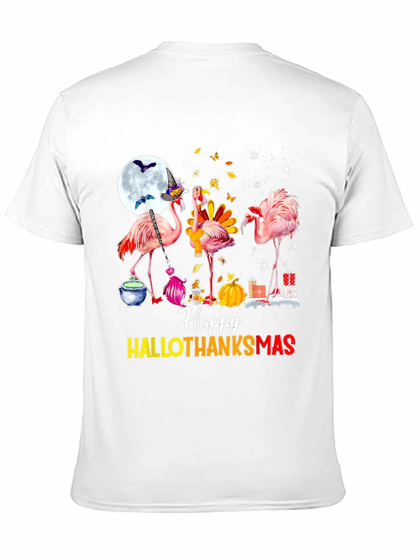 Black Happy HALLOTHANKS Christmas Flamingo T-Shirt view 11