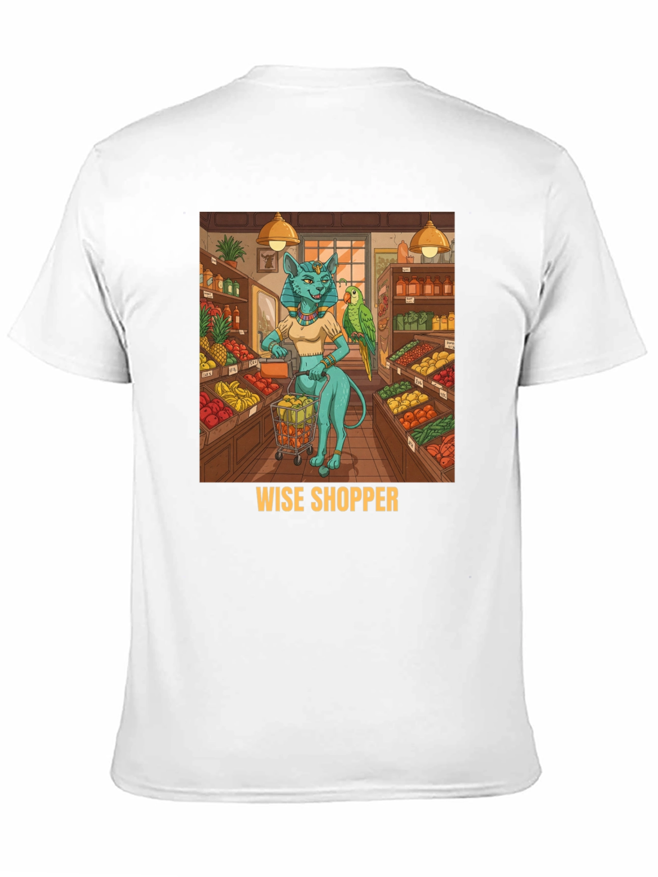 Black Wise Shopper T-Shirt, Cat Goddess, Fruit Market view 11