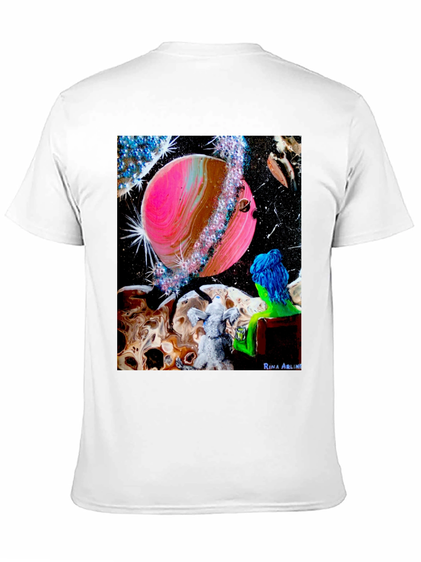 Black Cosmic Dreamer T-Shirt: Pink Planet & Blue Haired Girl view 11