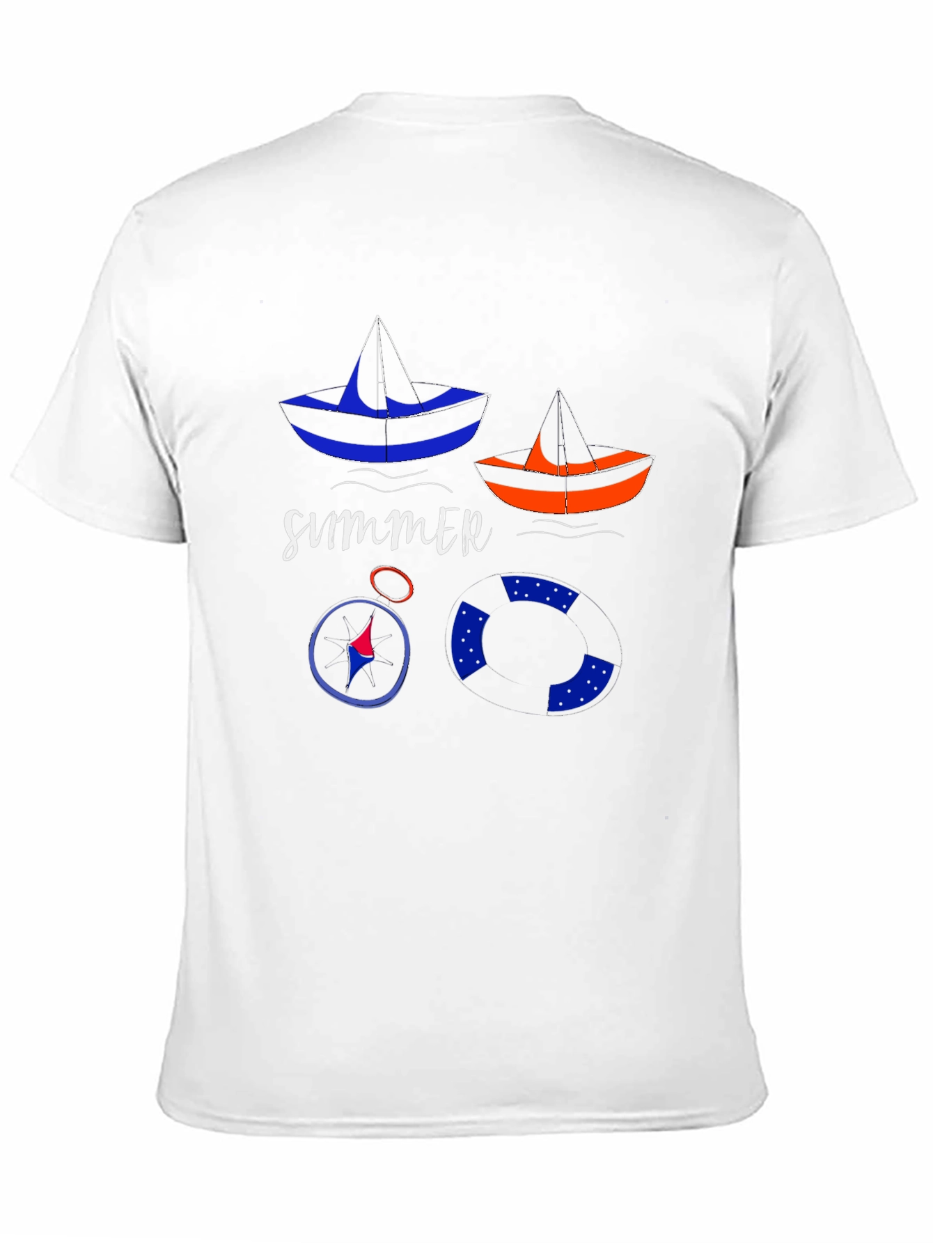 Summer Nautical T-Shirt: Sailboats, Compass, and Life Preserver - 11