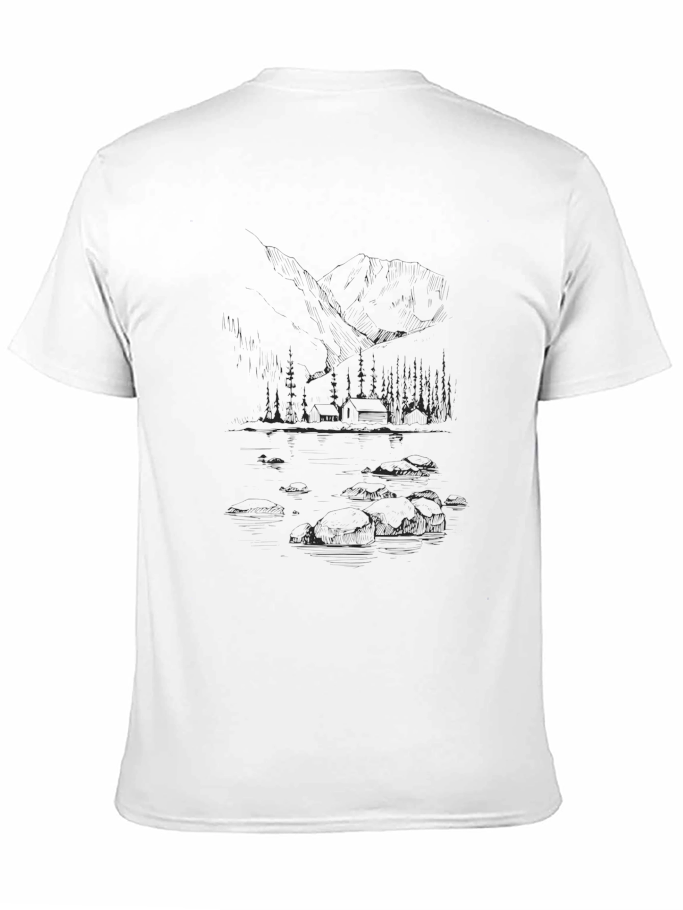 Black Nature Sketch Tee - Mountain Cabin Lake Scene view 11