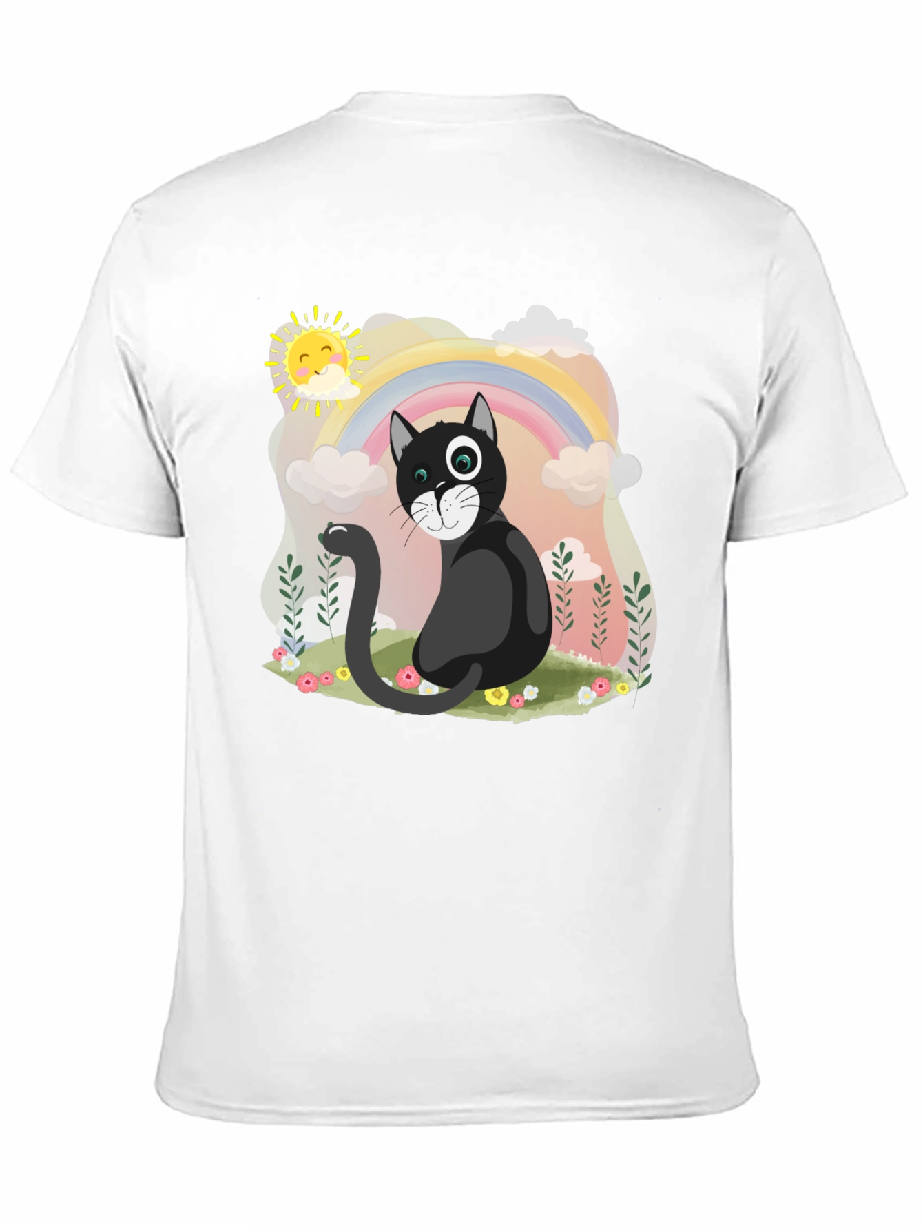 Black Whimsical Cat Rainbow T-Shirt view 11