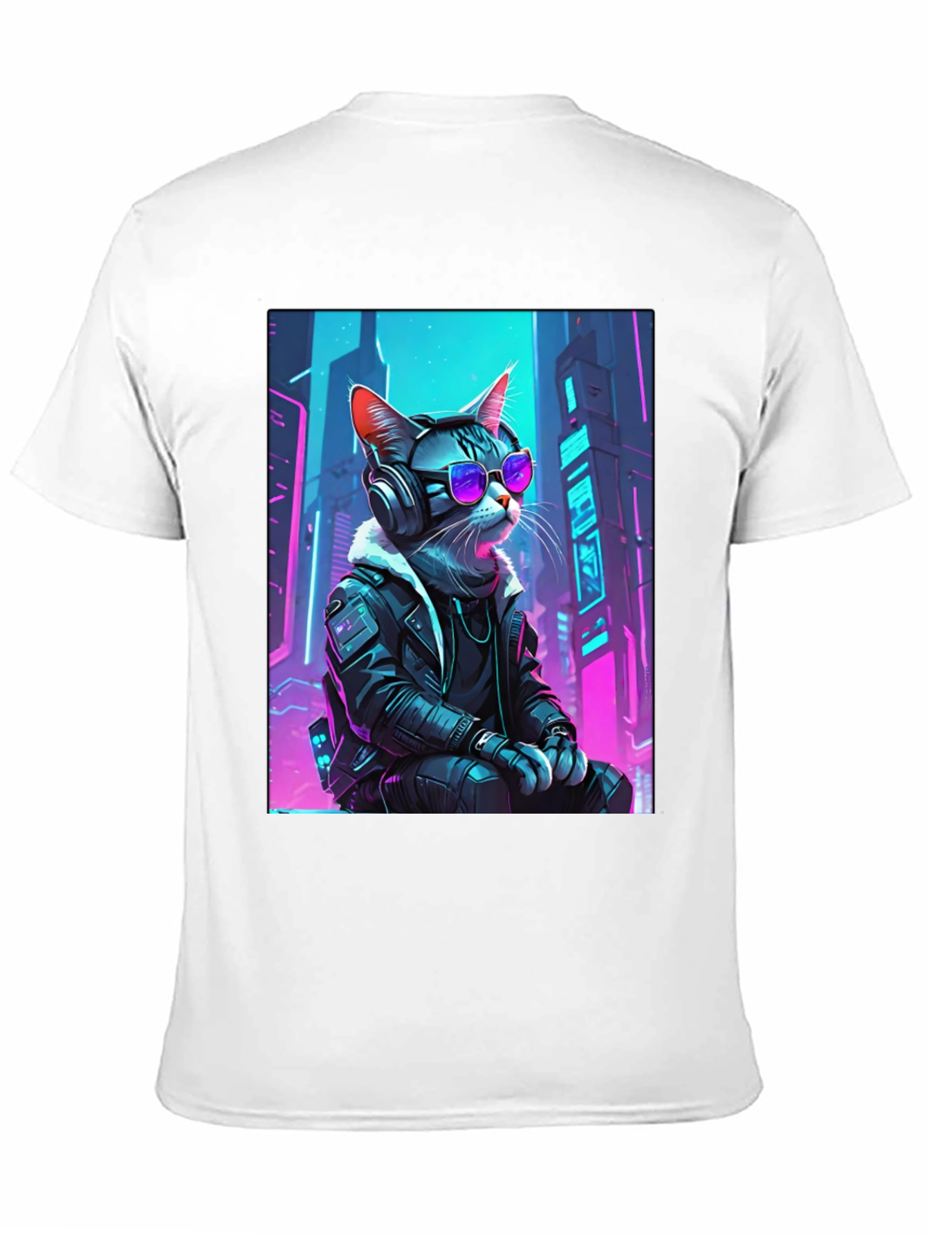 Black Cyberpunk Cat T-Shirt - Cool Neon Design view 11