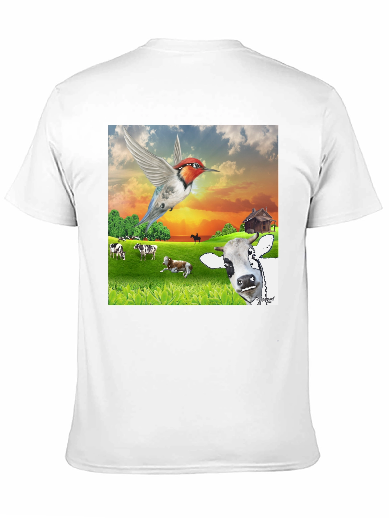 Black Hummingbird & Cow Farm T-Shirt - Unique Animal Design view 11