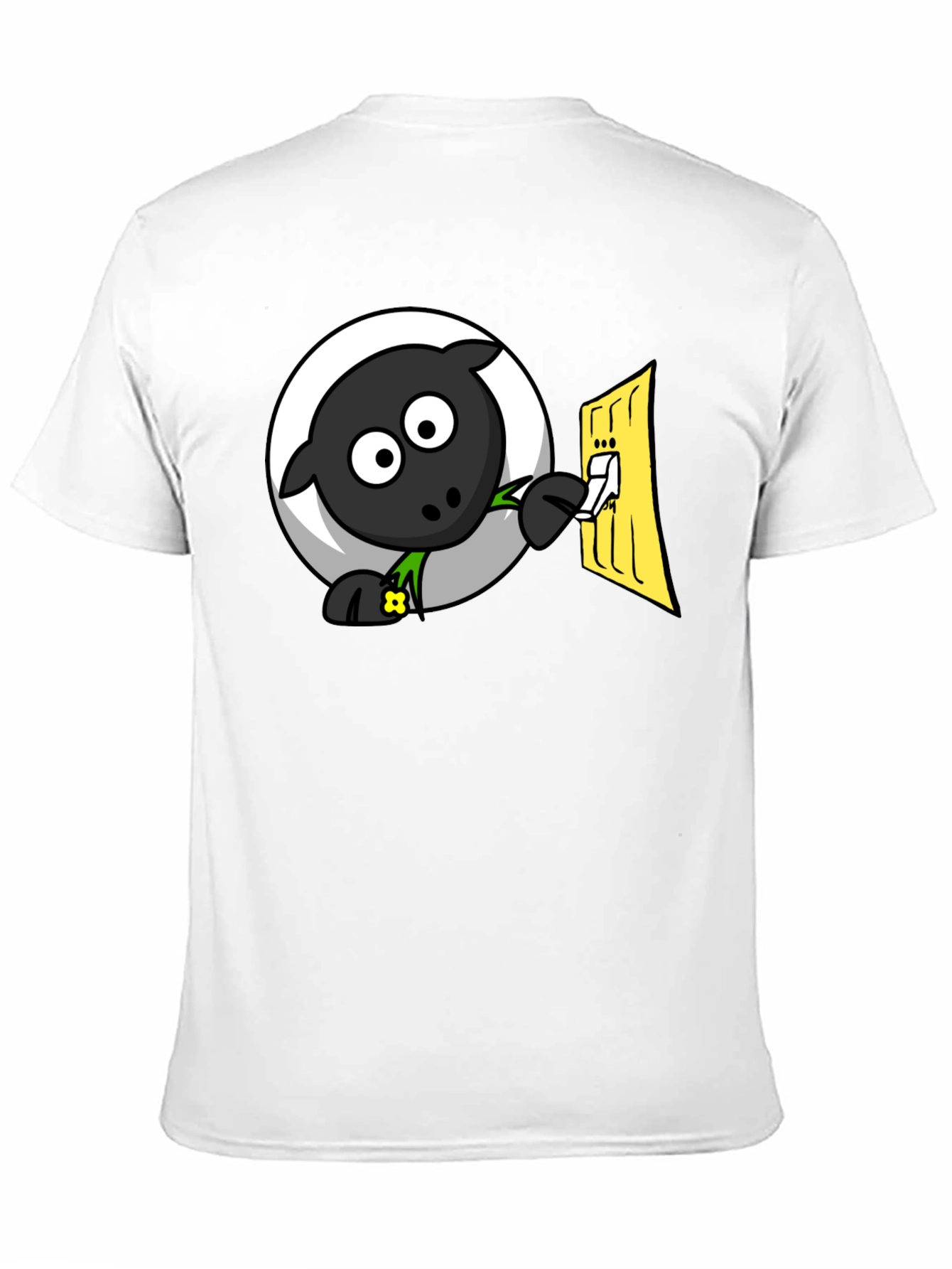 Black Funny Cartoon Sheep Turning on Light T-Shirt view 11