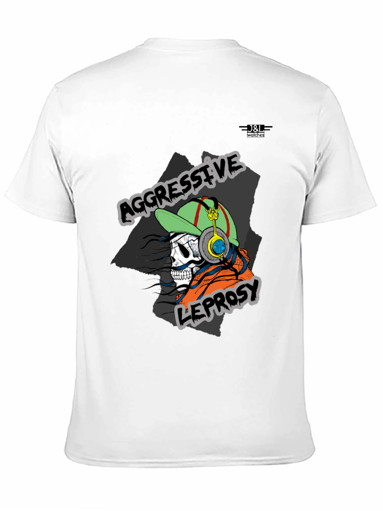 Black Aggressive Leprosy Graphic Tee - Skull with Headphones view 11