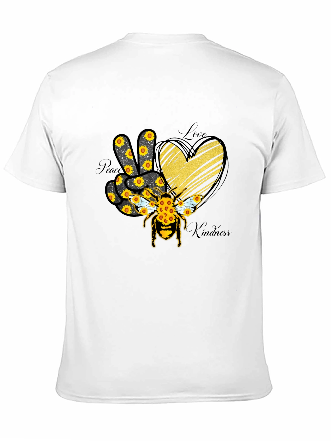 Black Peace Love Kindness Sunflower Bee T-Shirt view 11