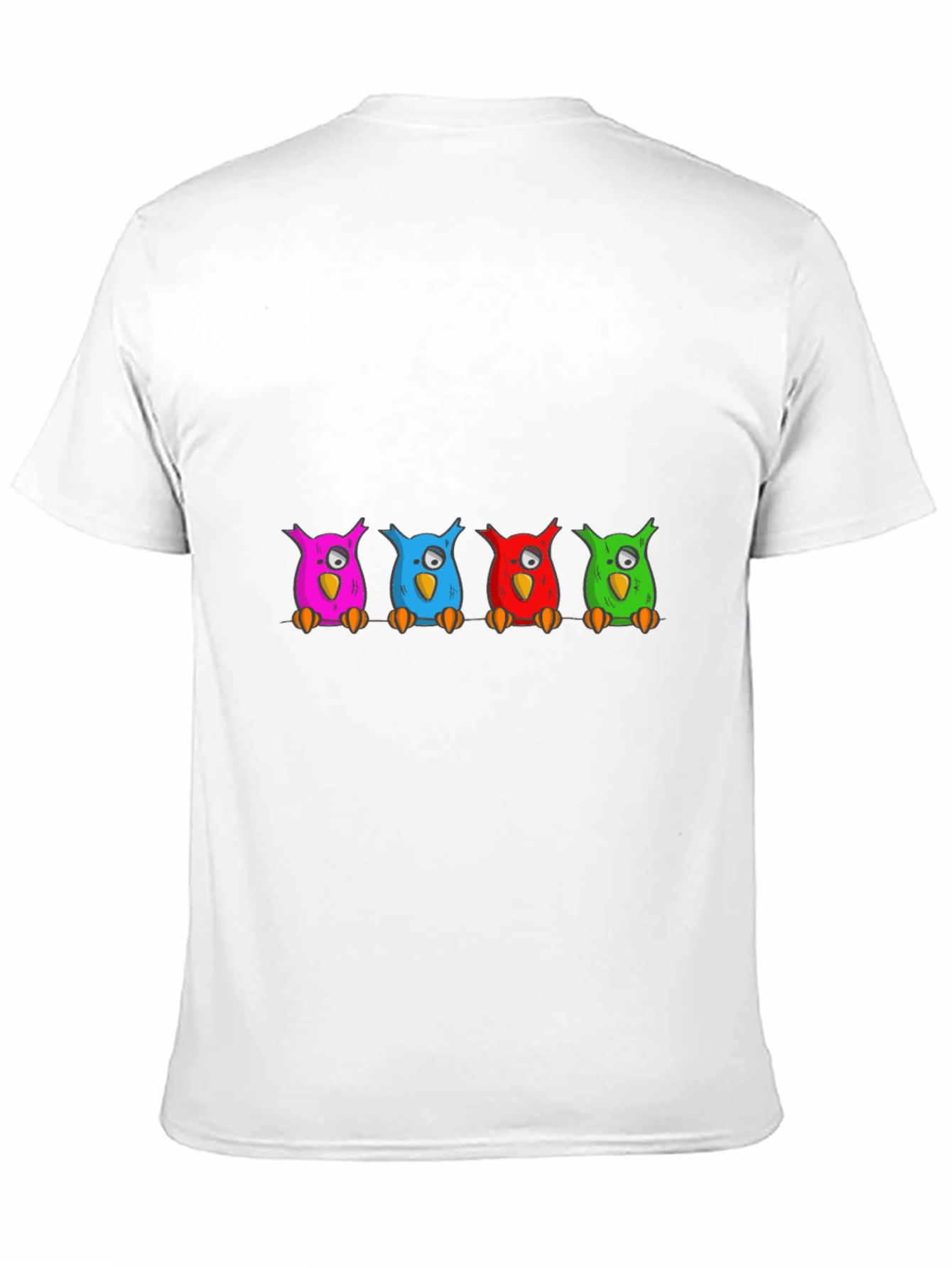 Black Colorful Cartoon Owls on a Branch T-Shirt view 11