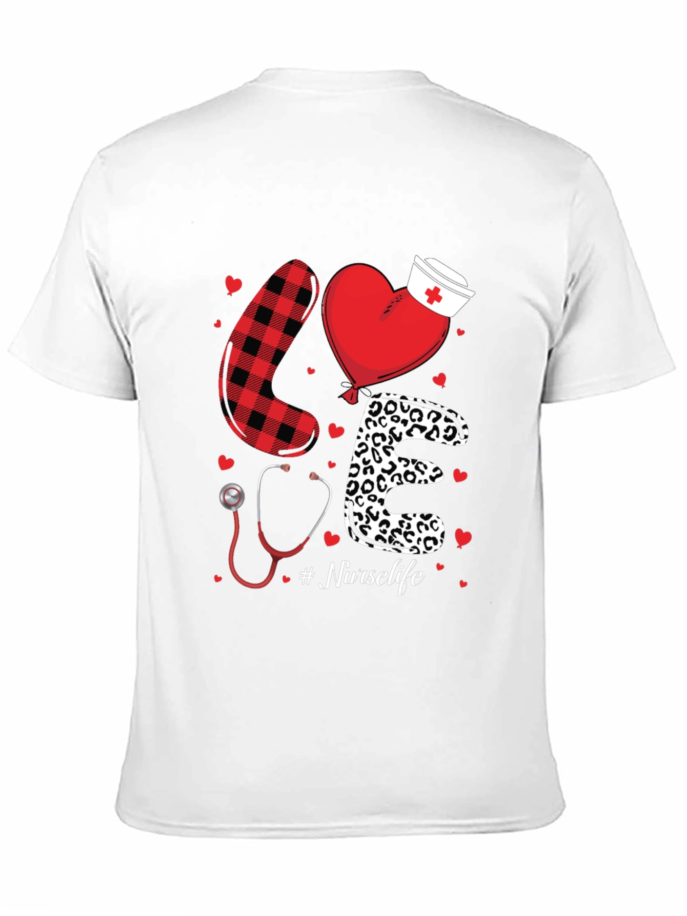 Black Nurse Life Love Graphic T-Shirt - Heart, Stethoscope, Pattern Design view 11