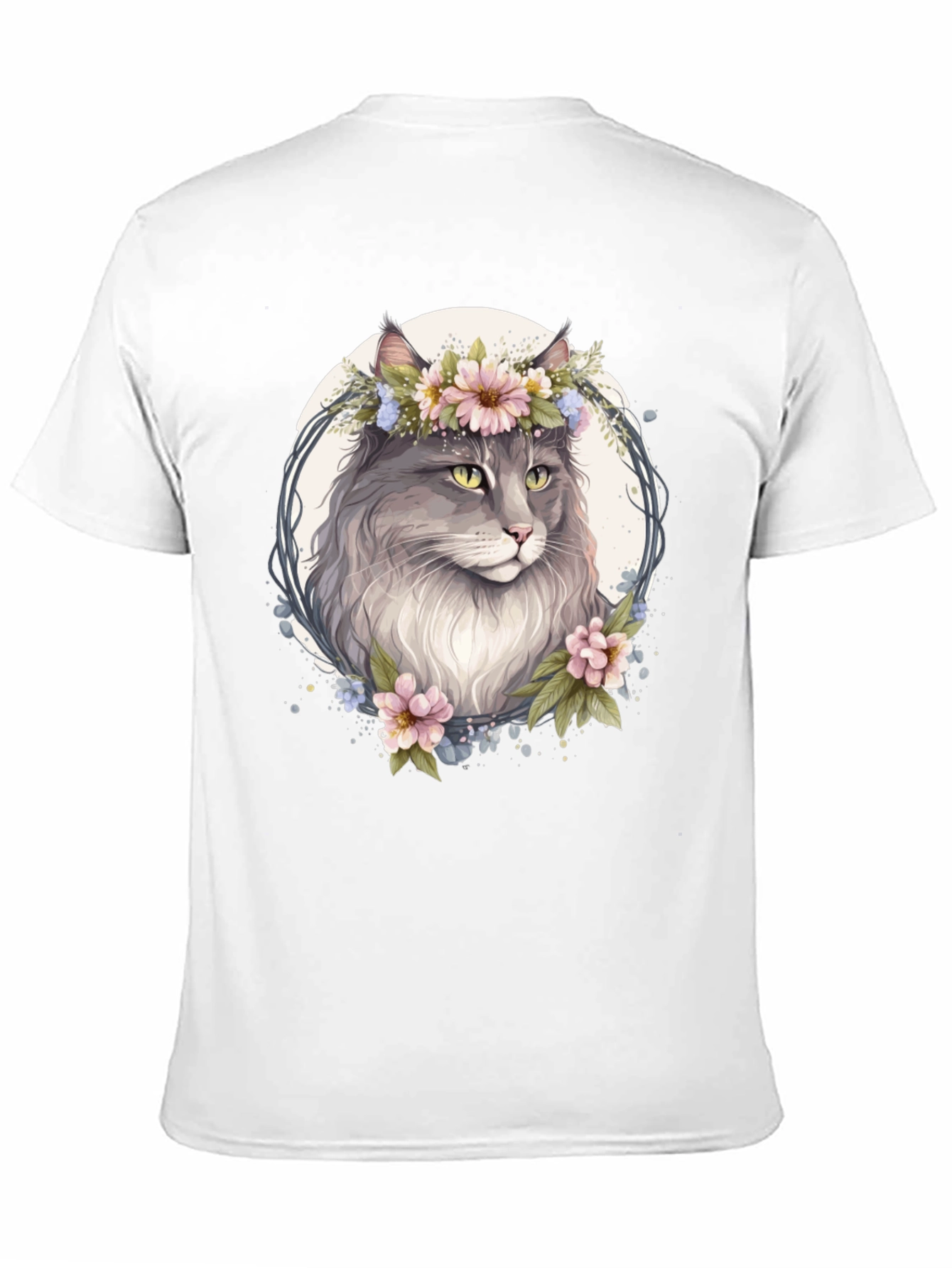 Floral Cat Graphic Black T-Shirt - 11