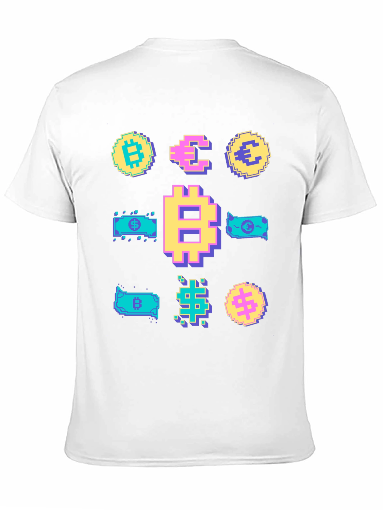 Black Crypto Pixel Art T-Shirt: Bitcoin, Euro, Dollar view 11