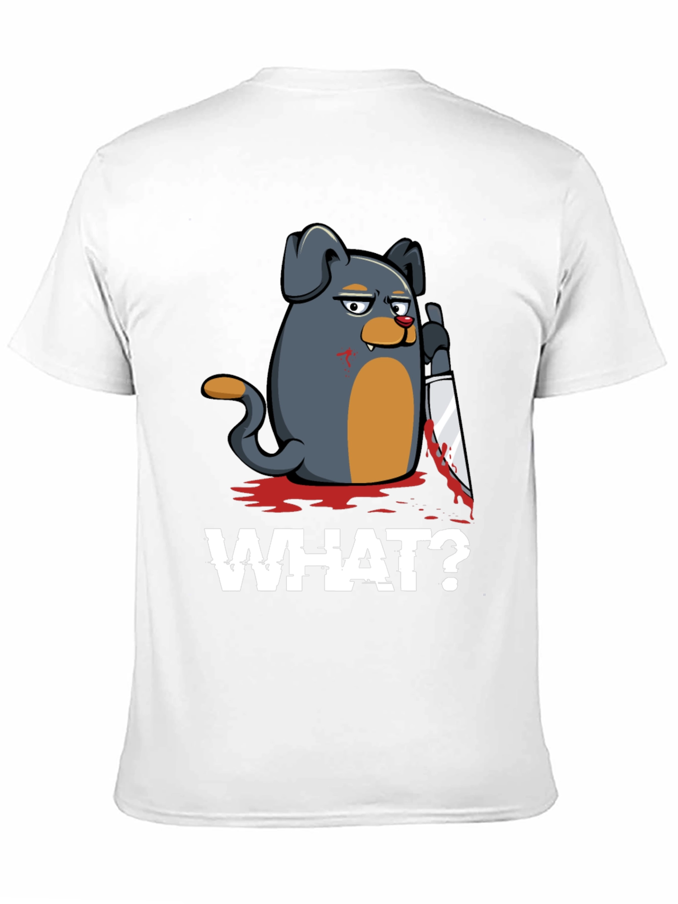 Black Men's 'What?' Dog with Knife Graphic T-Shirt view 11