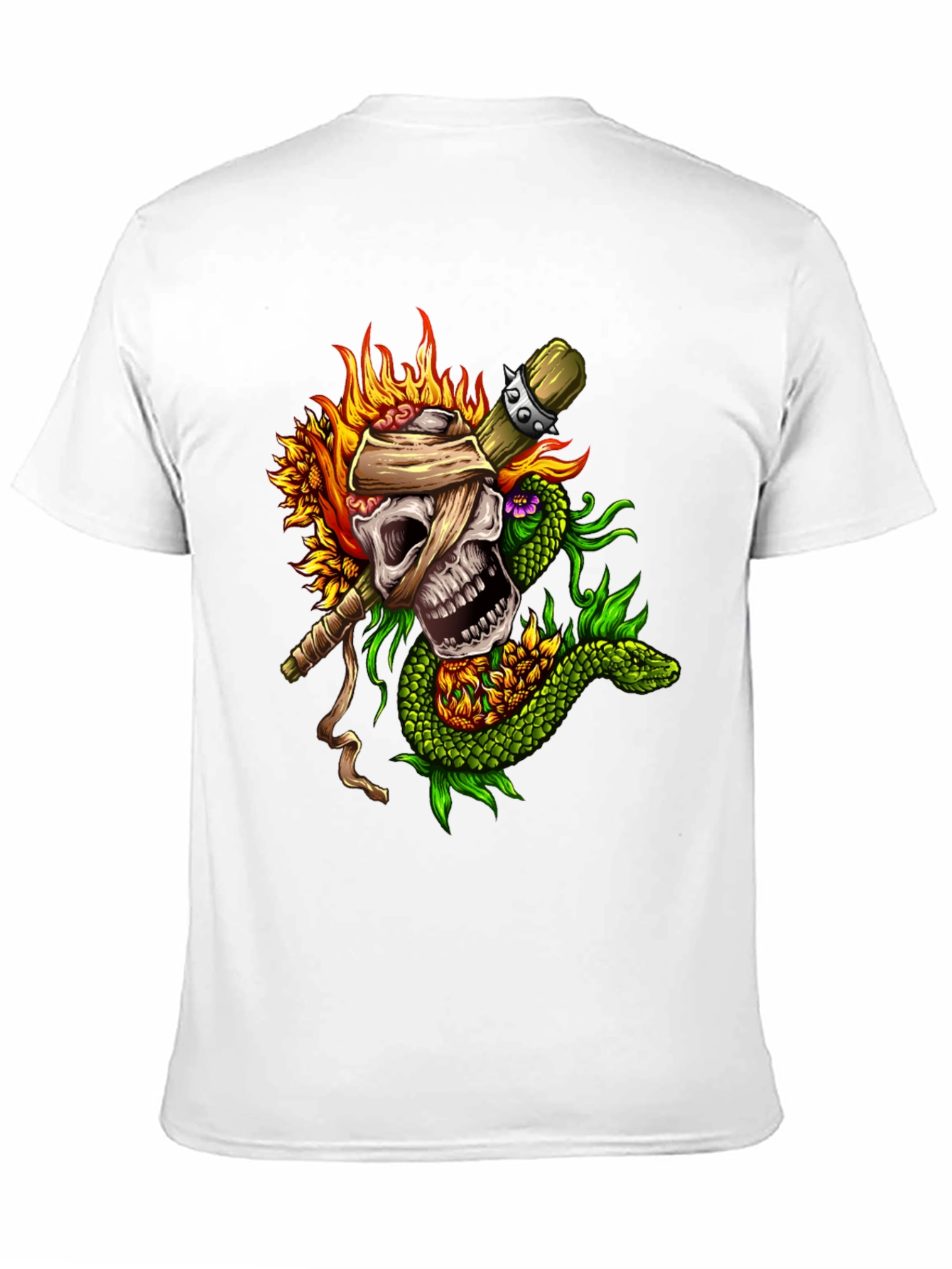 Skull, Snake, Sunflowers Black T-Shirt - 11
