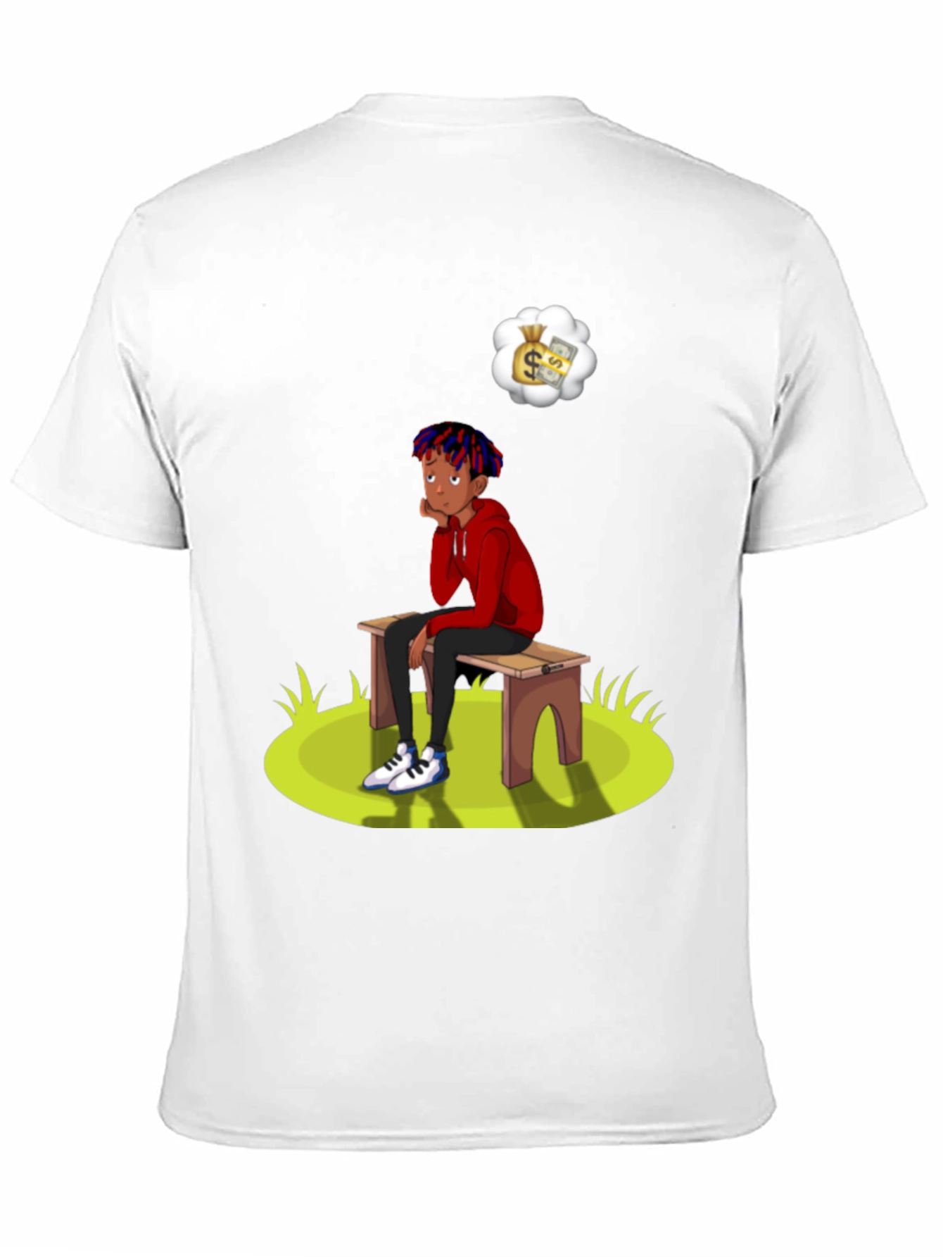 Black Cartoon Graphic Tee -  Boy on Bench Dreaming of Money view 11