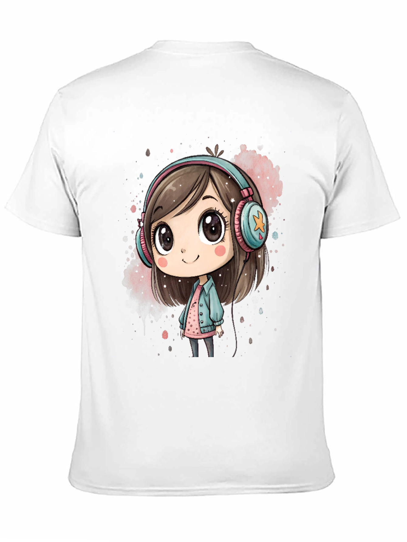 Black Cute Cartoon Girl Headphones Black T-Shirt view 11