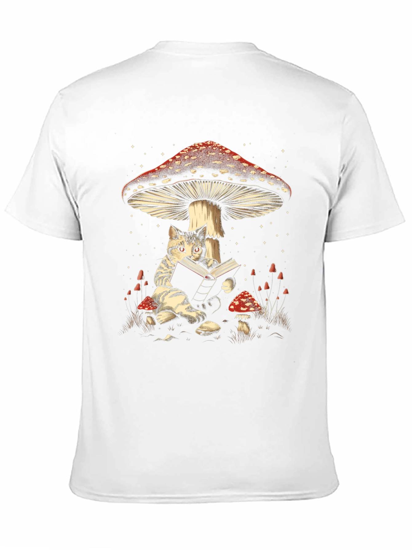 Black Cat Reading Under Mushroom T-Shirt view 11
