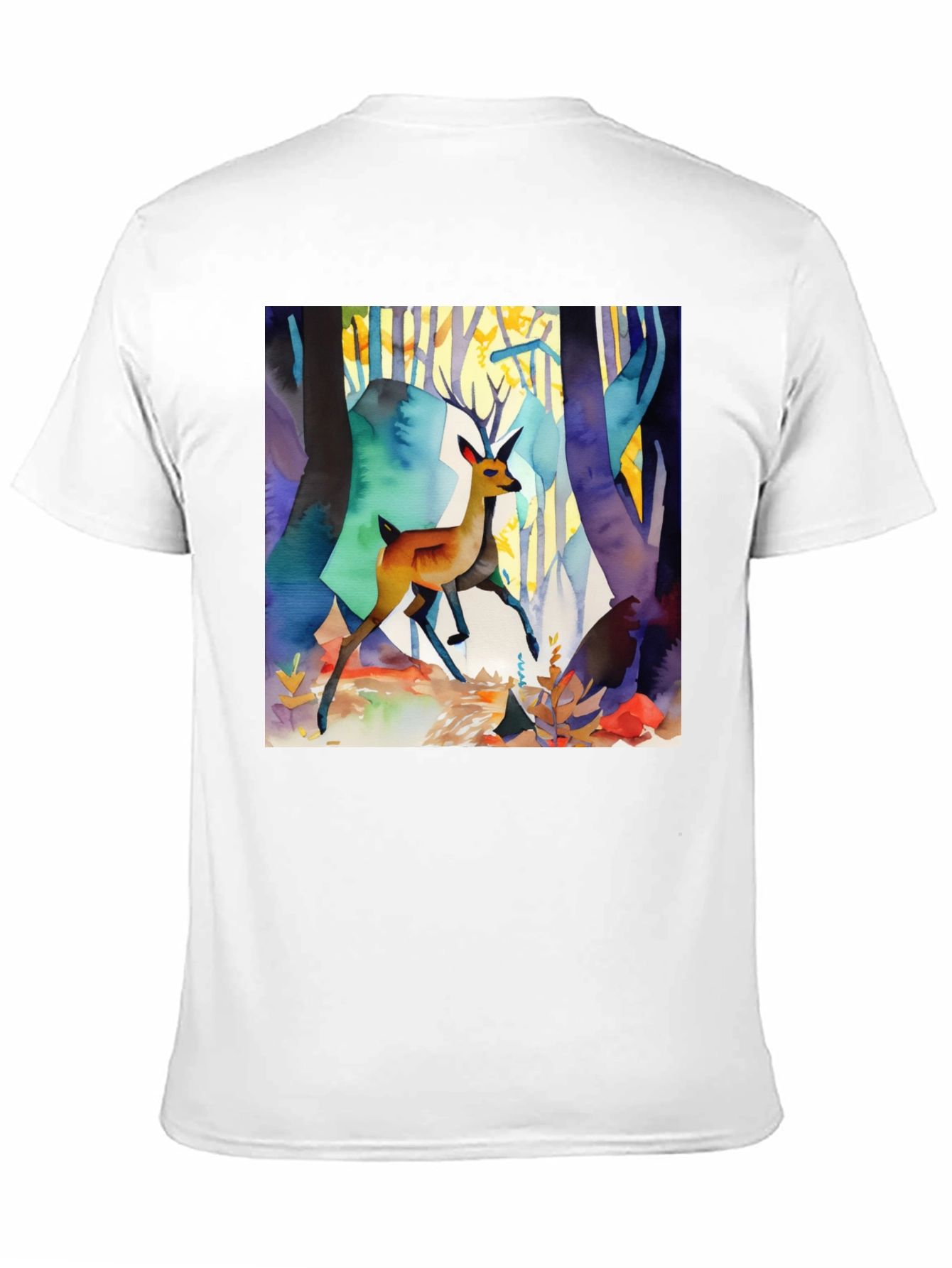 Black Watercolor Deer Forest Print Black T-Shirt view 11