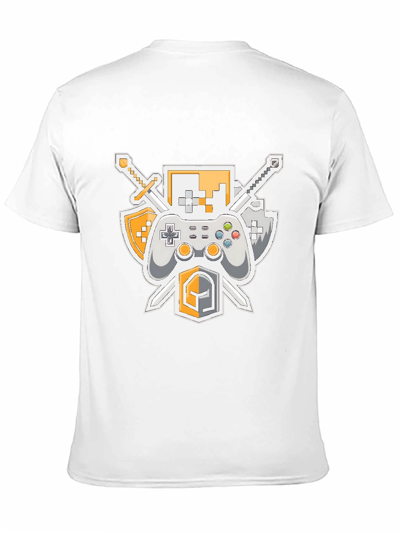 Black Gamer's Crest T-Shirt - Swords, Controller, & Shield Design view 11