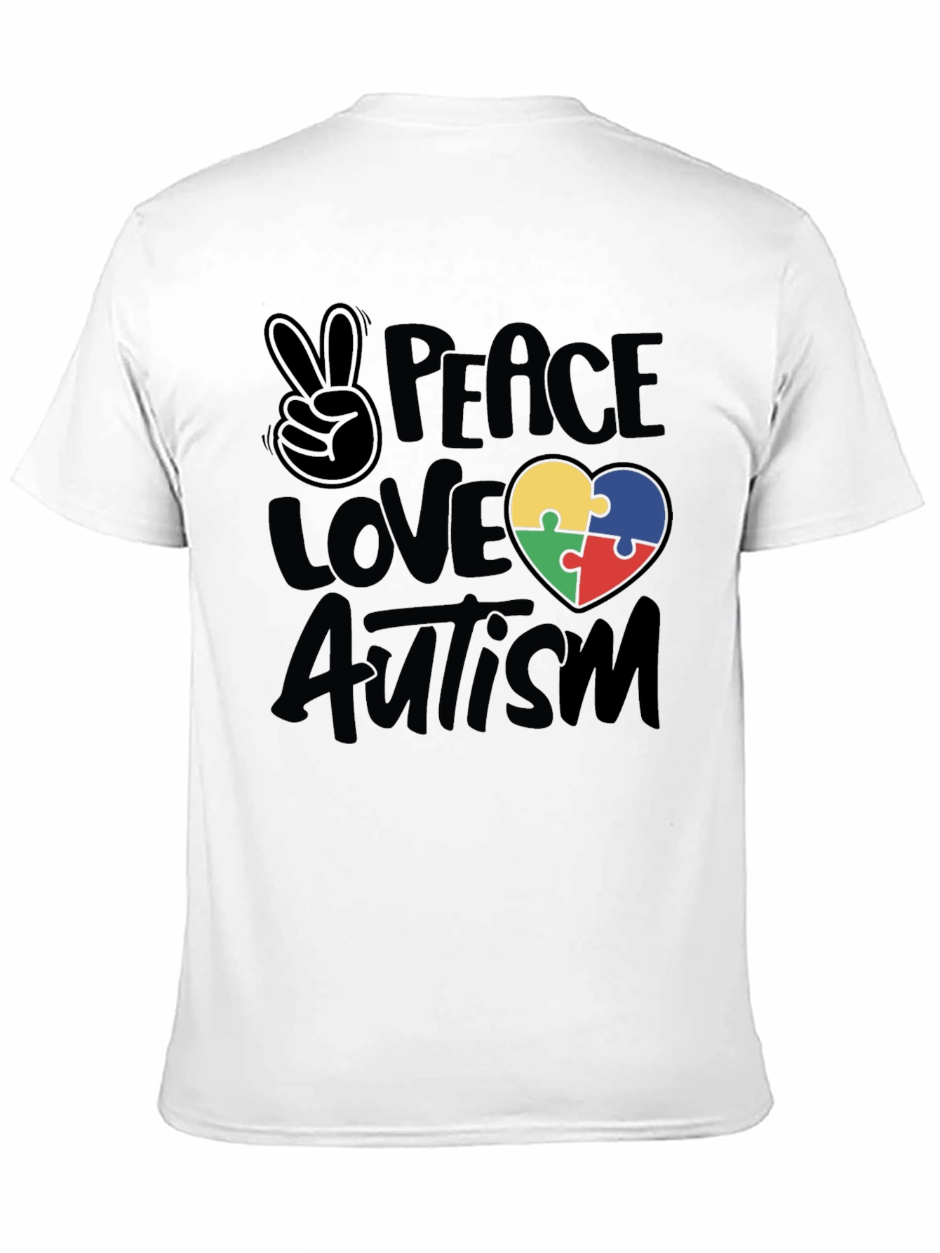 Black Peace Love Autism Puzzle Heart T-Shirt view 11