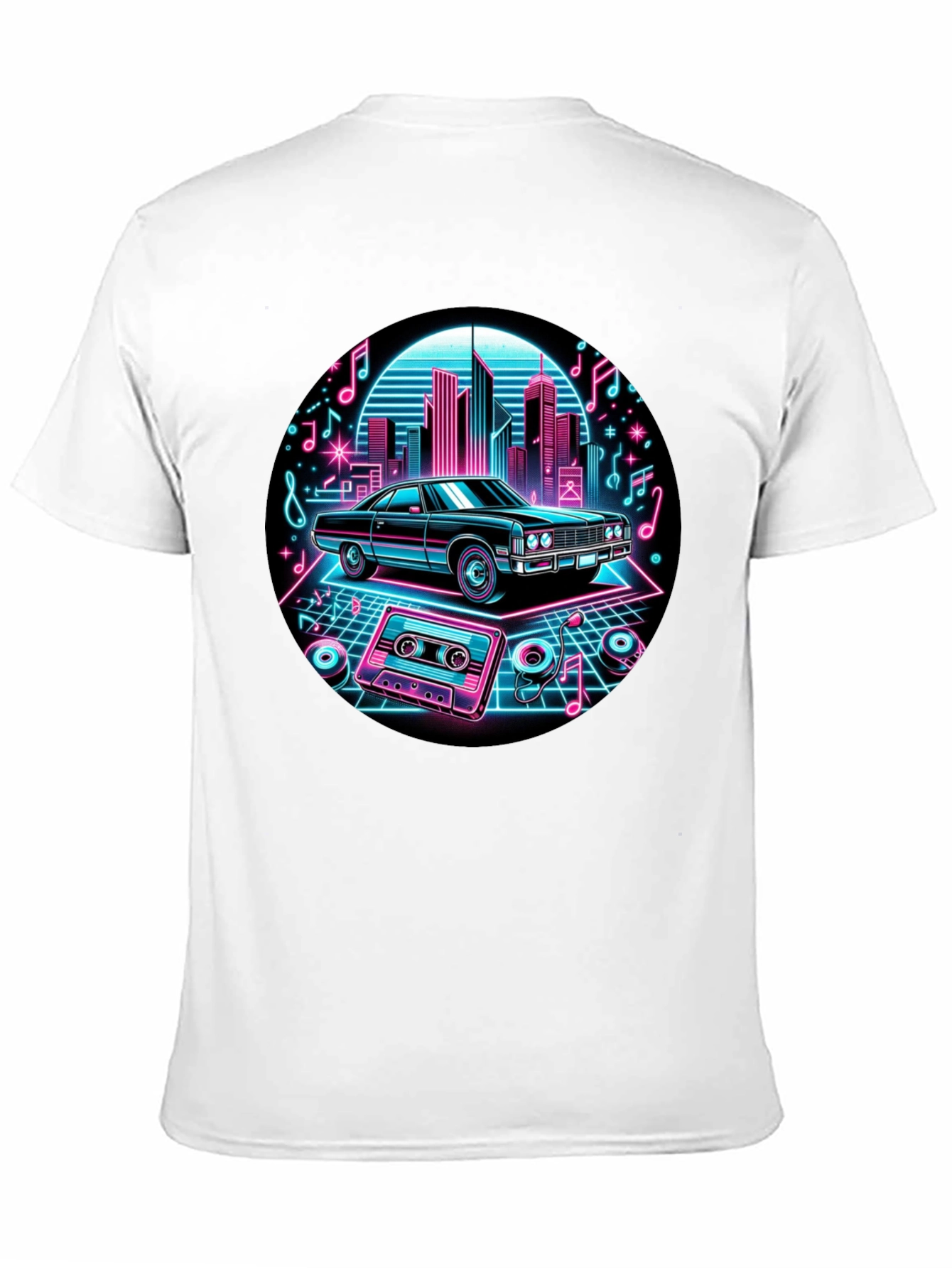 Black Retro Car T-Shirt - Neon Cityscape Design view 11