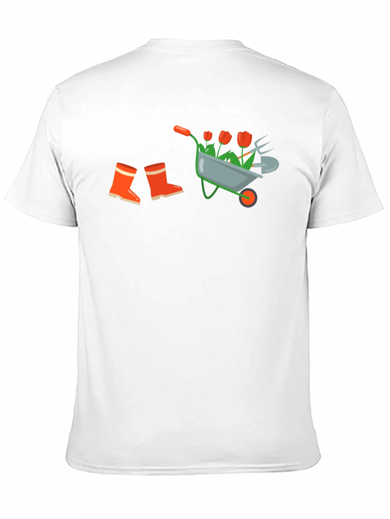 Black Gardening T-Shirt: Wheelbarrow, Boots & Tools Design view 11