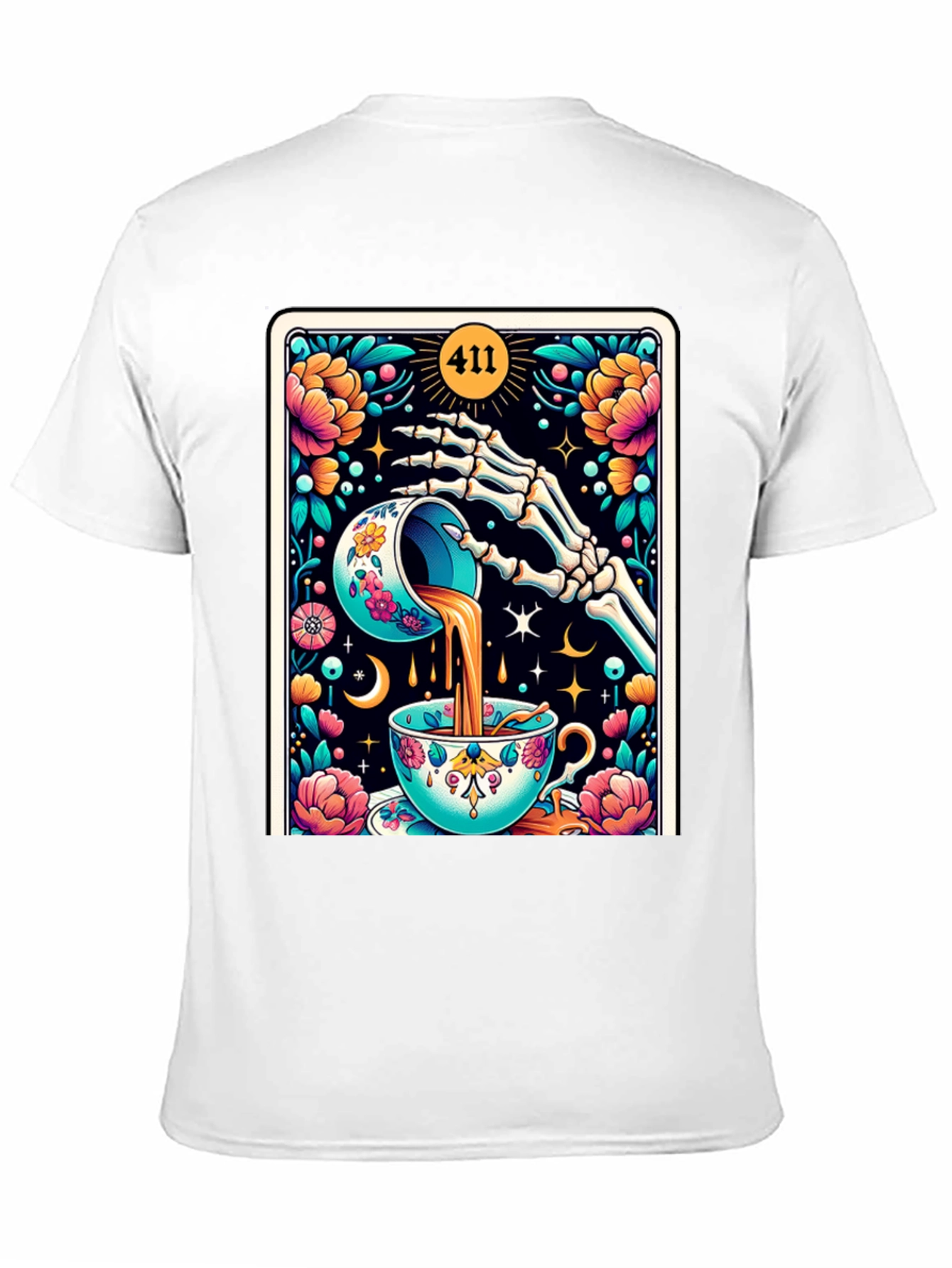 Black Floral Skeleton Tea Cup Tarot Graphic Tee view 11