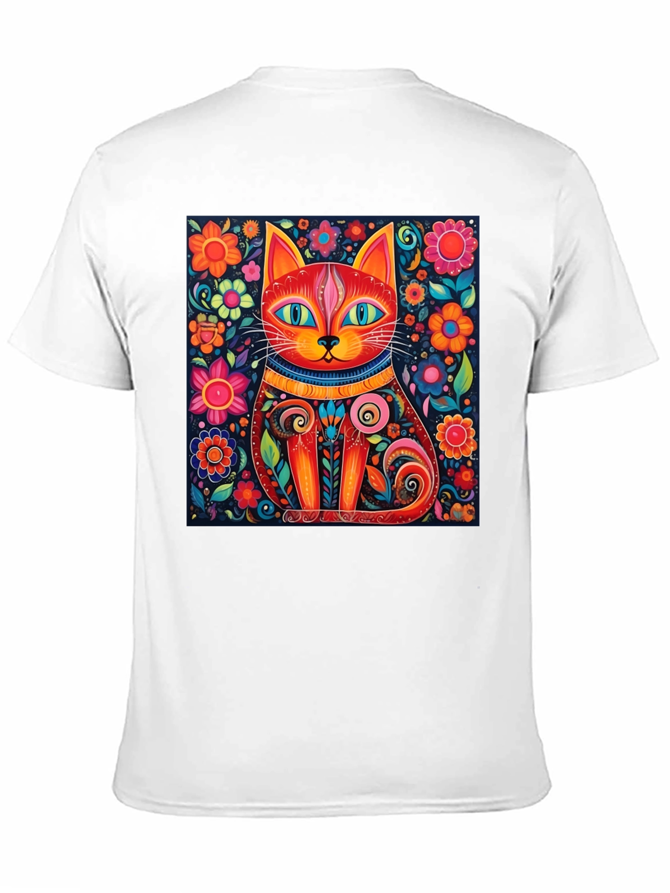 Black Colorful Cat Art T-Shirt - Whimsical Floral Feline Design view 11
