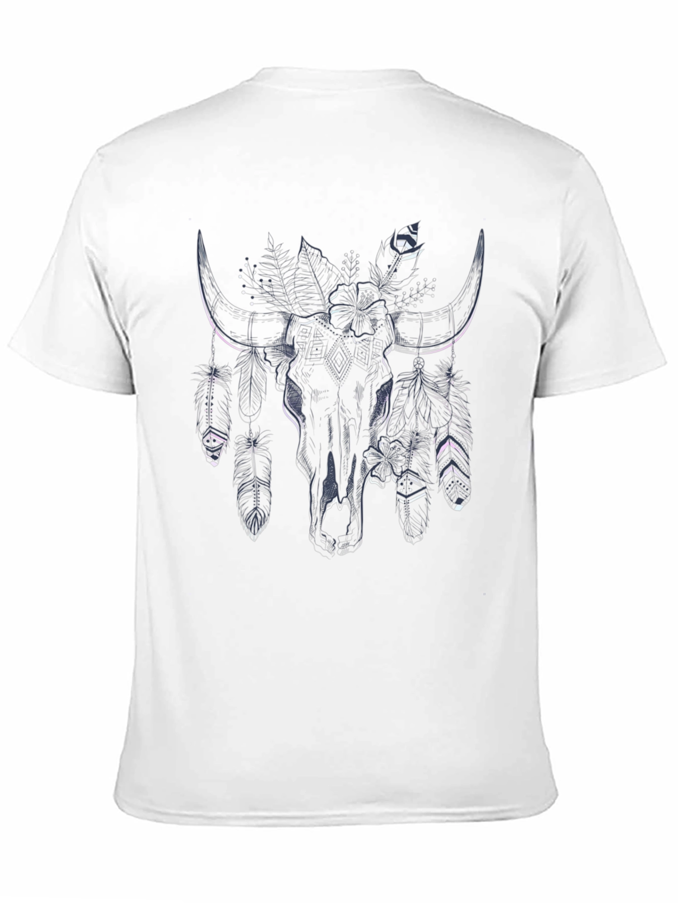 Black Boho Bull Skull Feather Print Black Tee view 11