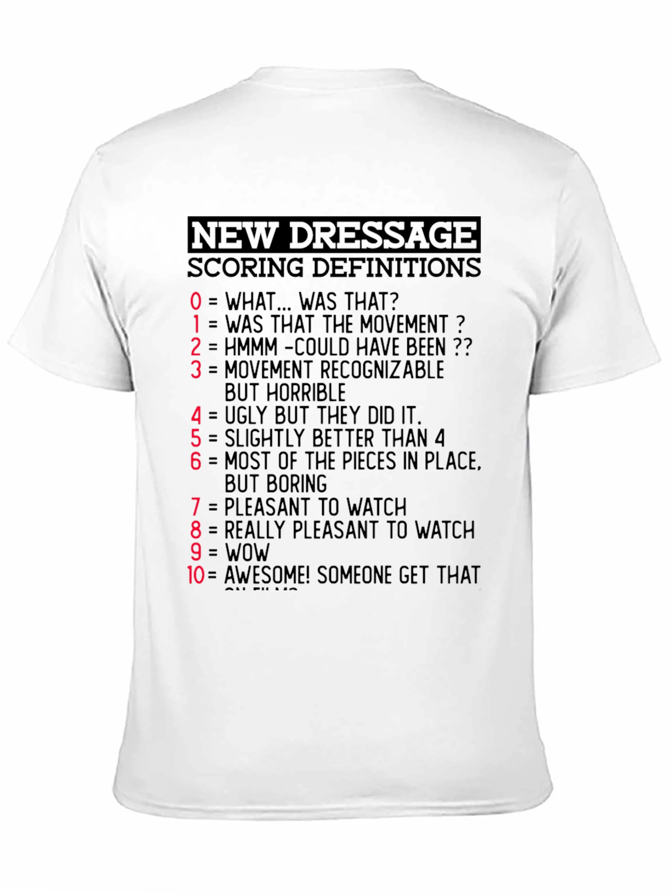 Black Dressage Scoring Definitions T-Shirt - Equestrian Humor Tee view 11