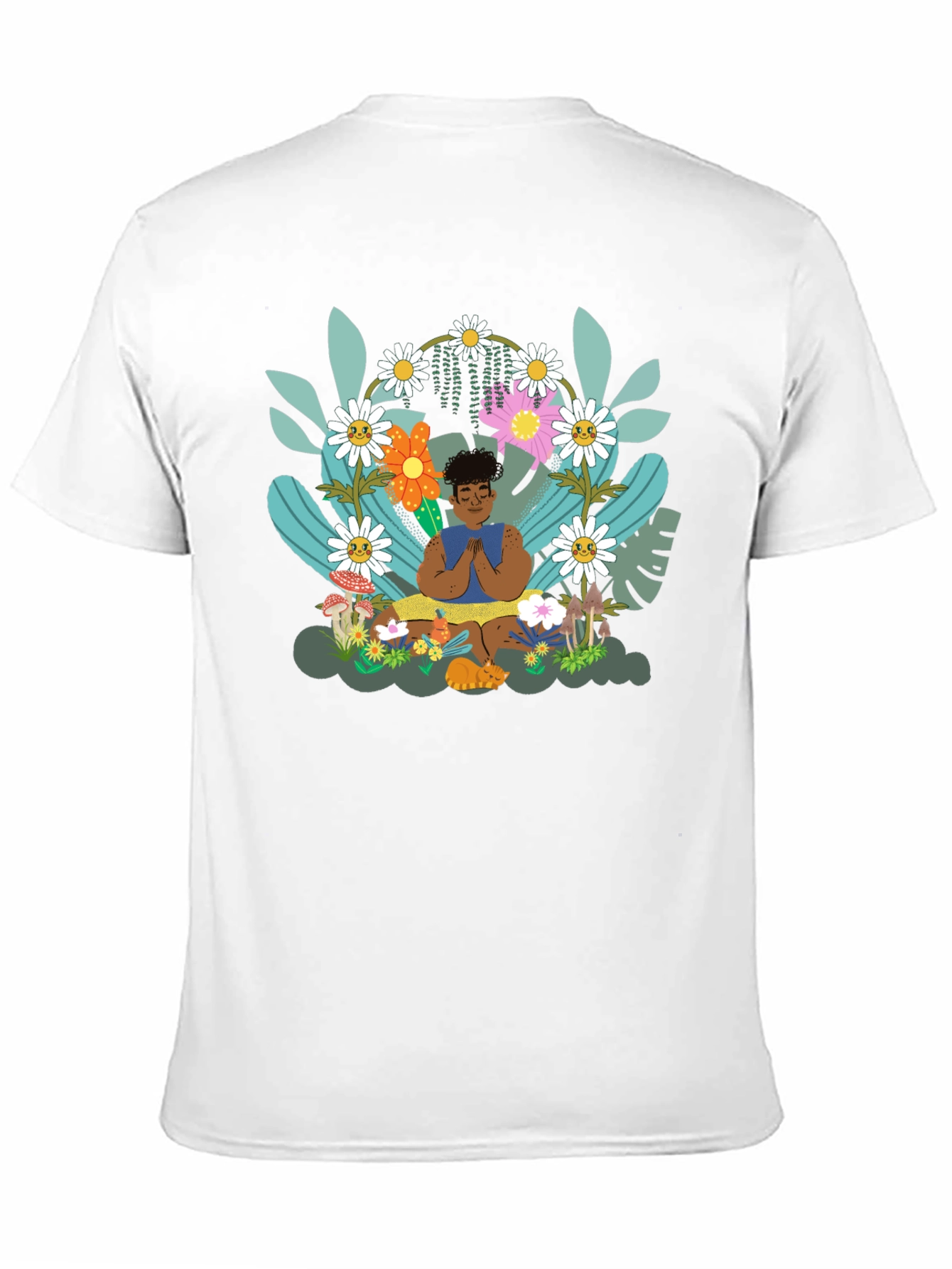 Black Zen Garden T-Shirt - Meditating Figure with Floral Design view 11