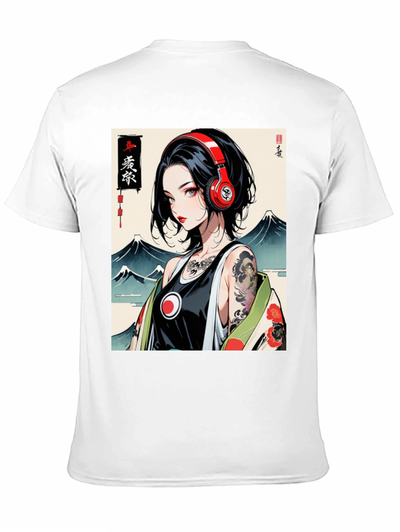 Black Anime Girl Headphones Graphic Black T-Shirt view 11